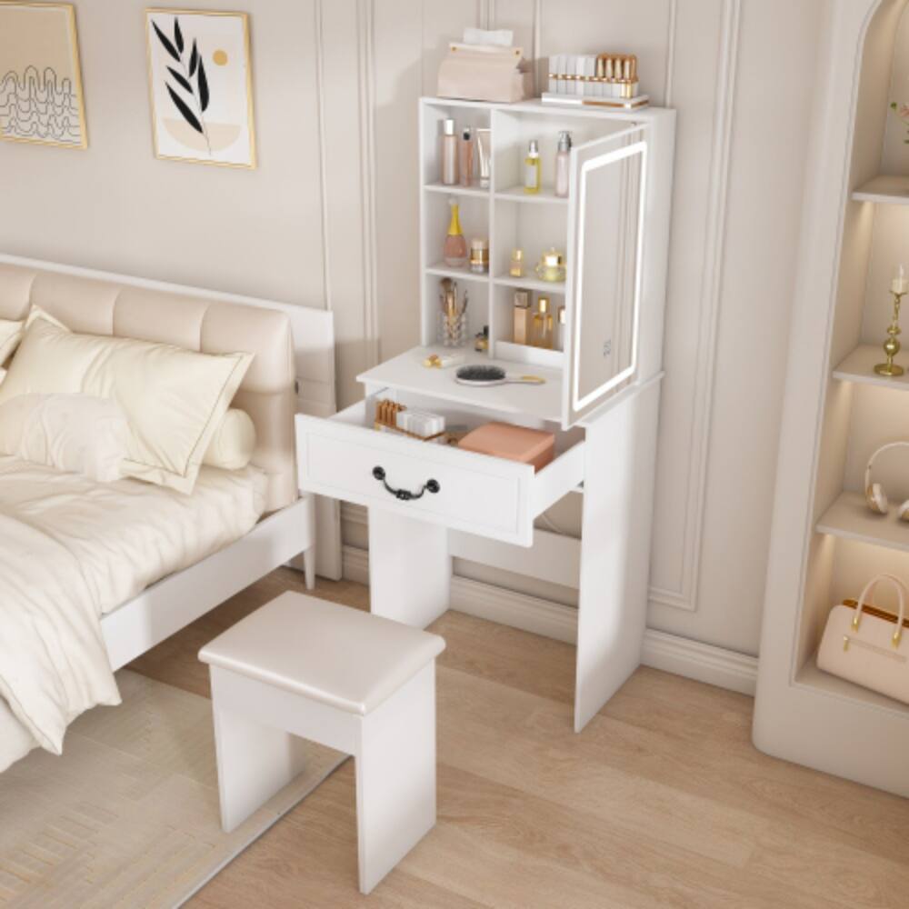 Back. LUCKY ONE - Modern Mini Dressing Table w/ LED Mirror Hidden Storage & Padded Stool - White.