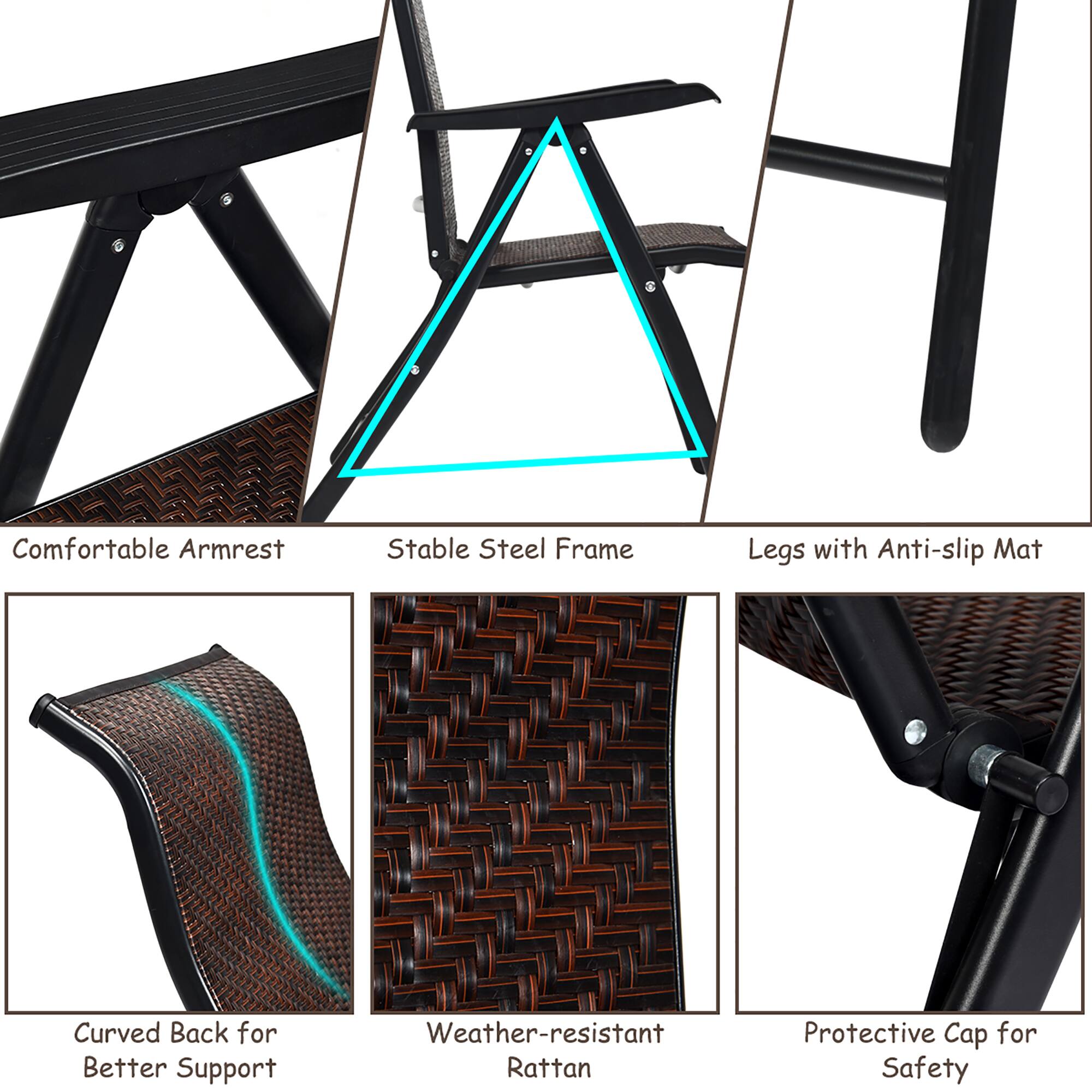 Comfortable Armrest, Stable Steel Frame, Legs with Anti-slip Mat, Curved Back for Better Support, Weather-resistant Rattan, Protective Cap for Safety