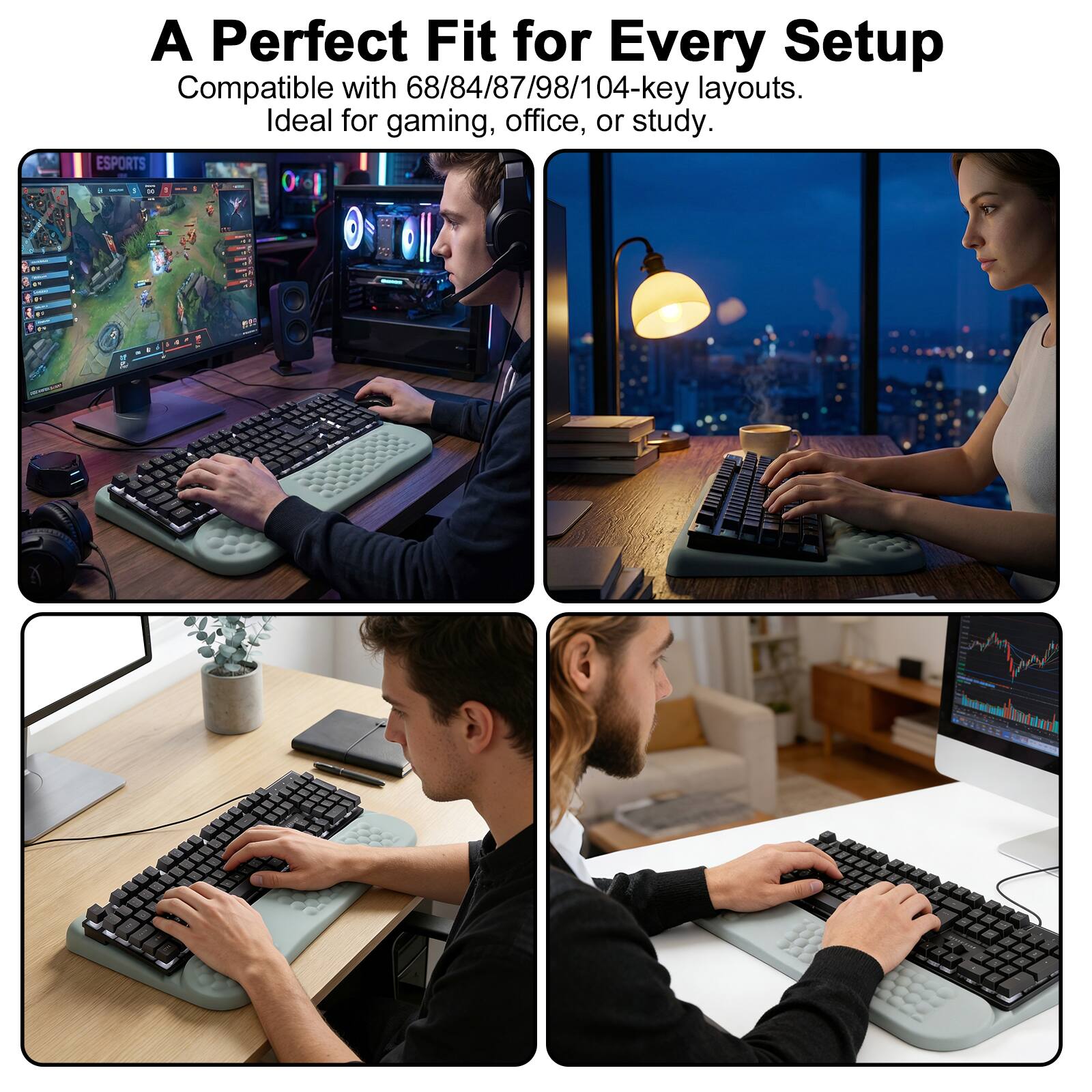 A Perfect Fit for Every Setup  
Compatible with 68/84/87/98/104-key layouts.  
Ideal for gaming, office, or study.  
ESPORTS