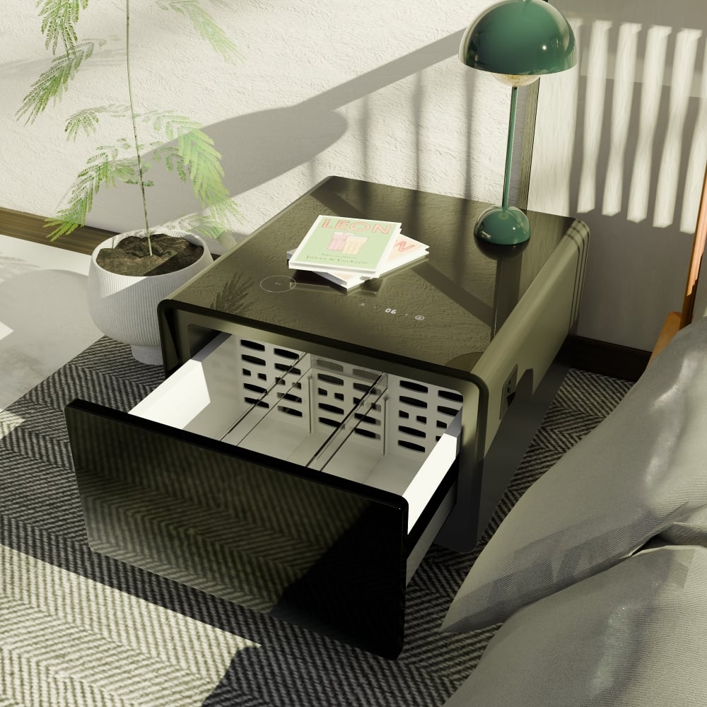 Loheer - Smart Side Table with Fridge, Wireless Charging, Modern Nightstand - Black
