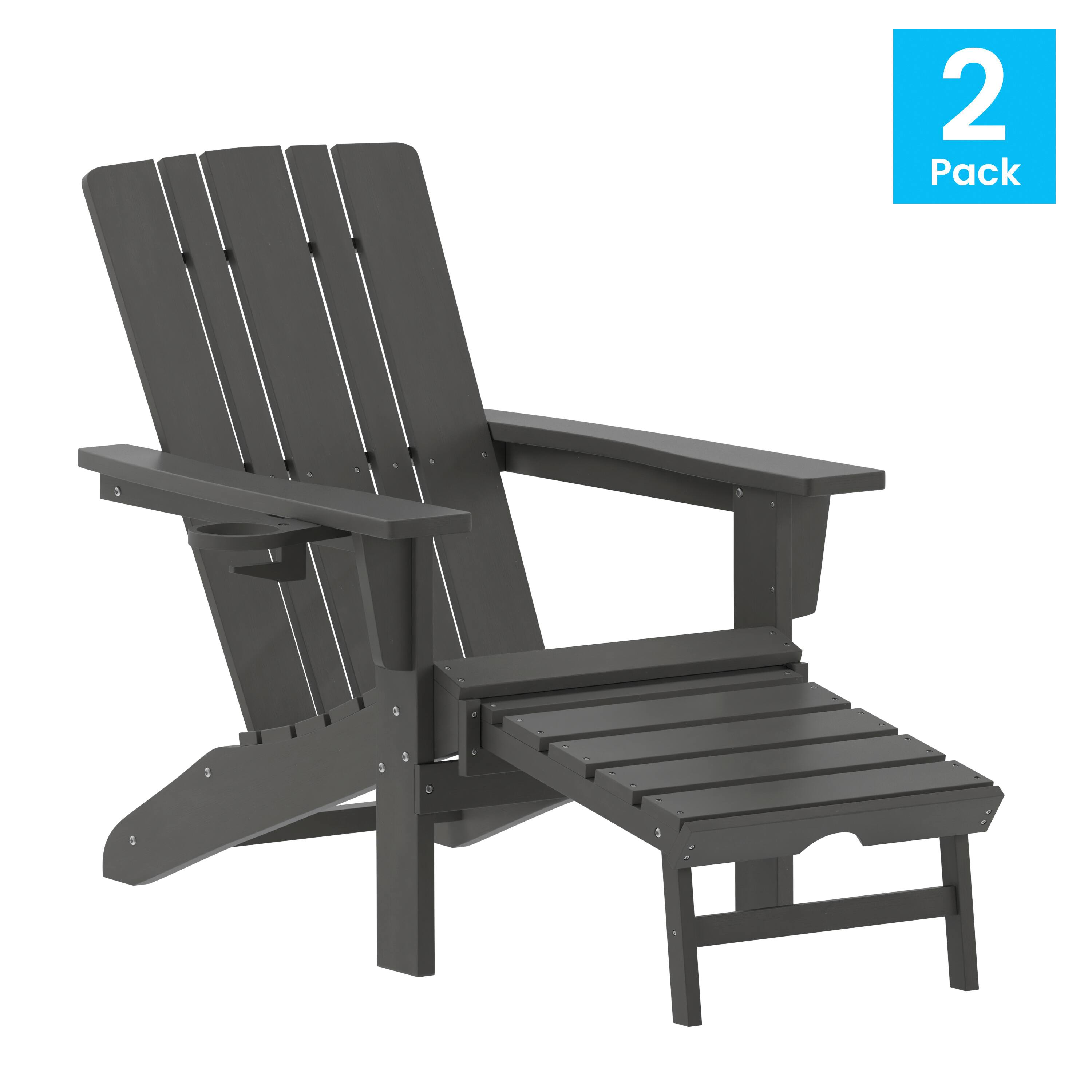 Alt View 1. Emma + Oliver - Haley Set of 2 Adirondack Chairs with Cup Holders and Pull Out Ottoman, All-Weather HDPE Indoor/Outdoor Lounge Chairs - Gray.