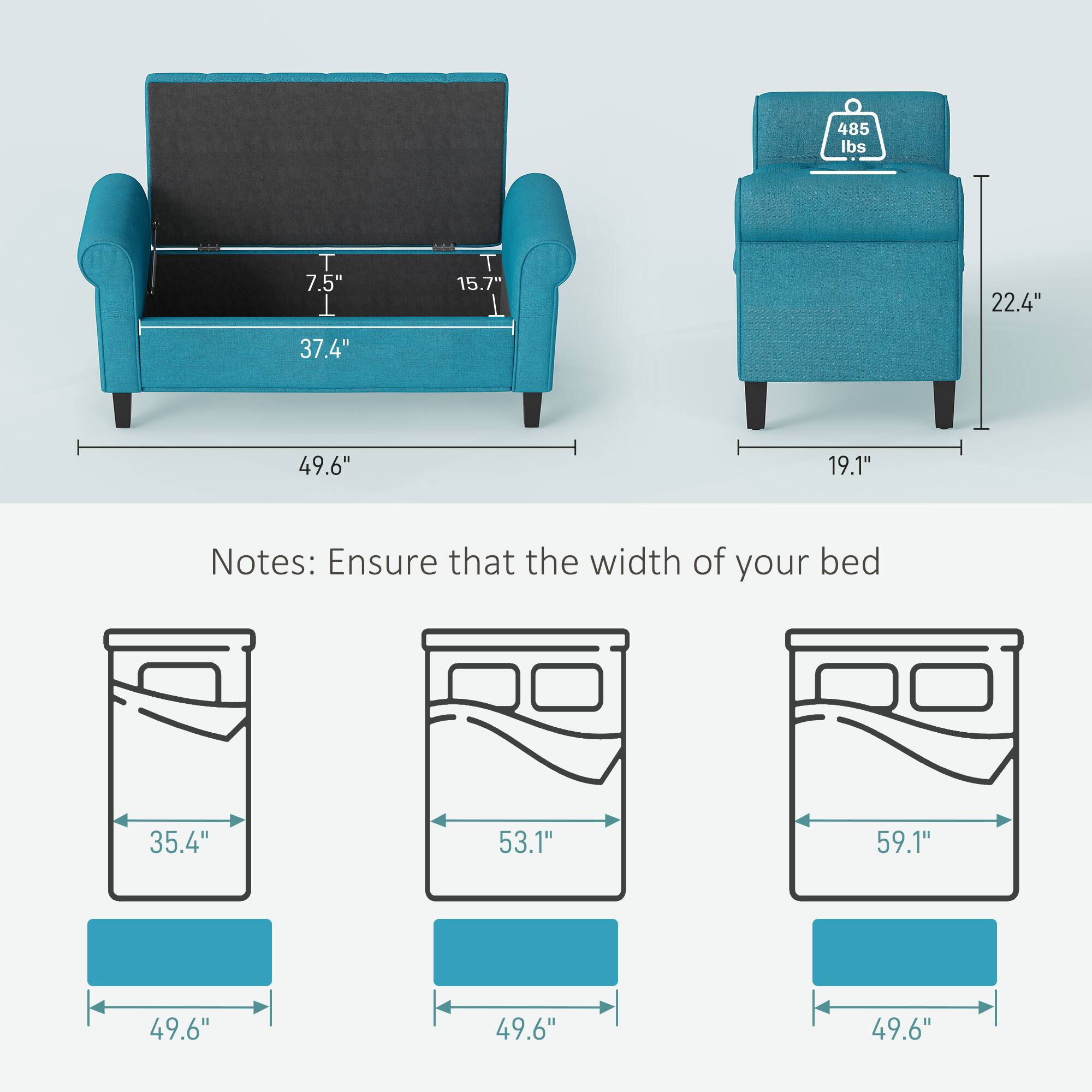 485 lbs  
7.5"  
37.4"  
15.7"  
22.4"  
49.6"  
19.1"  

Notes: Ensure that the width of your bed is 35.4", 53.1", or 59.1".