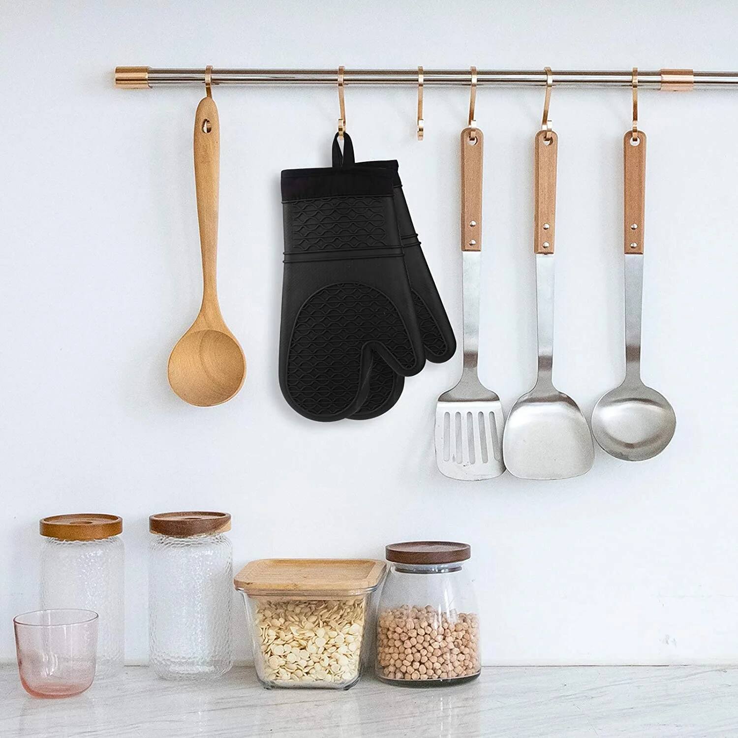 Alt View 1. MOVSSOU - Silicone Oven Mitts Heat Resistant Non-Slip Black - black.