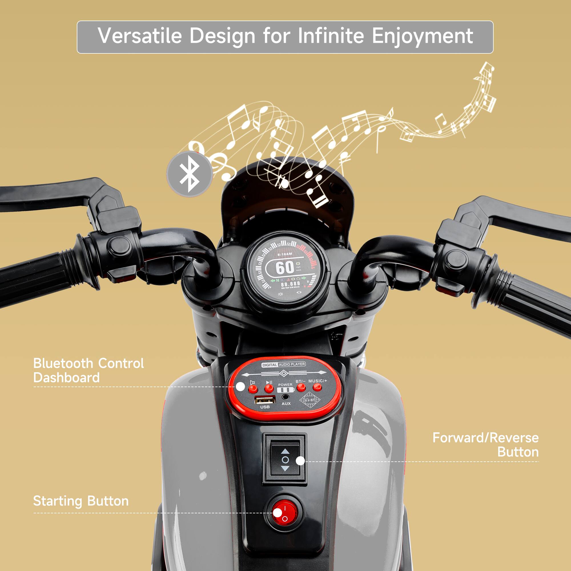 Versatile Design for Infinite Enjoyment

Bluetooth Control Dashboard

Starting Button

Forward/Reverse Button