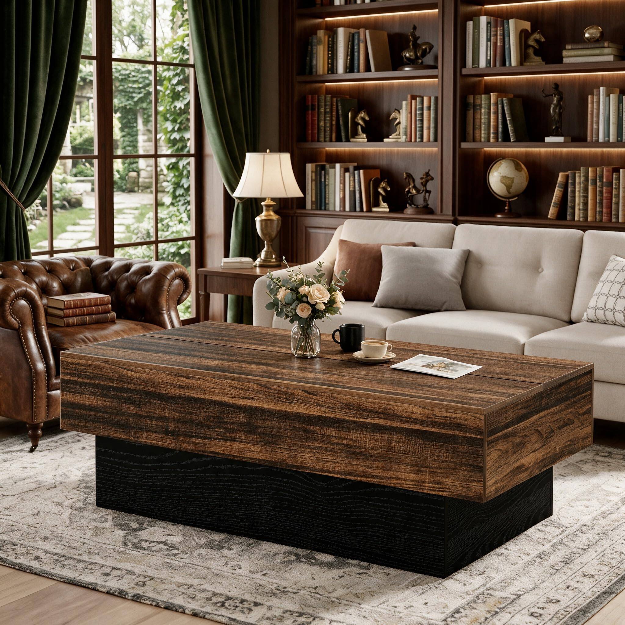 Alt View 4. Tribesigns - 55" Large Rectangle Coffee Table for Living Room - Brown & Black.
