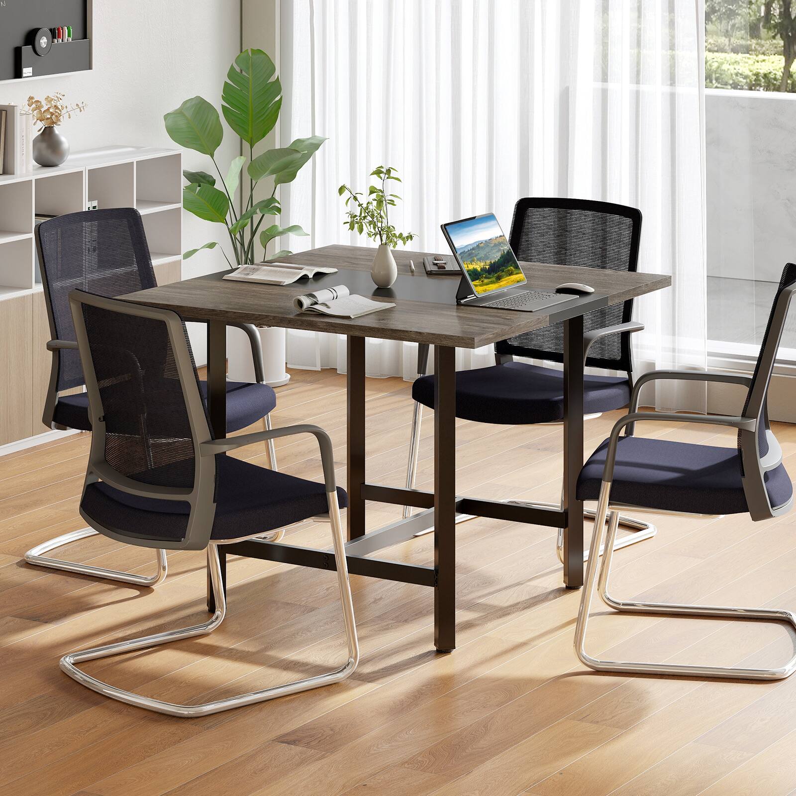 Alt View 2. Costway - Costway 2 PCS 39.5" Square Conference Table with Thickened Tabletop & Heavy-duty Metal Frame - Gray + Black.