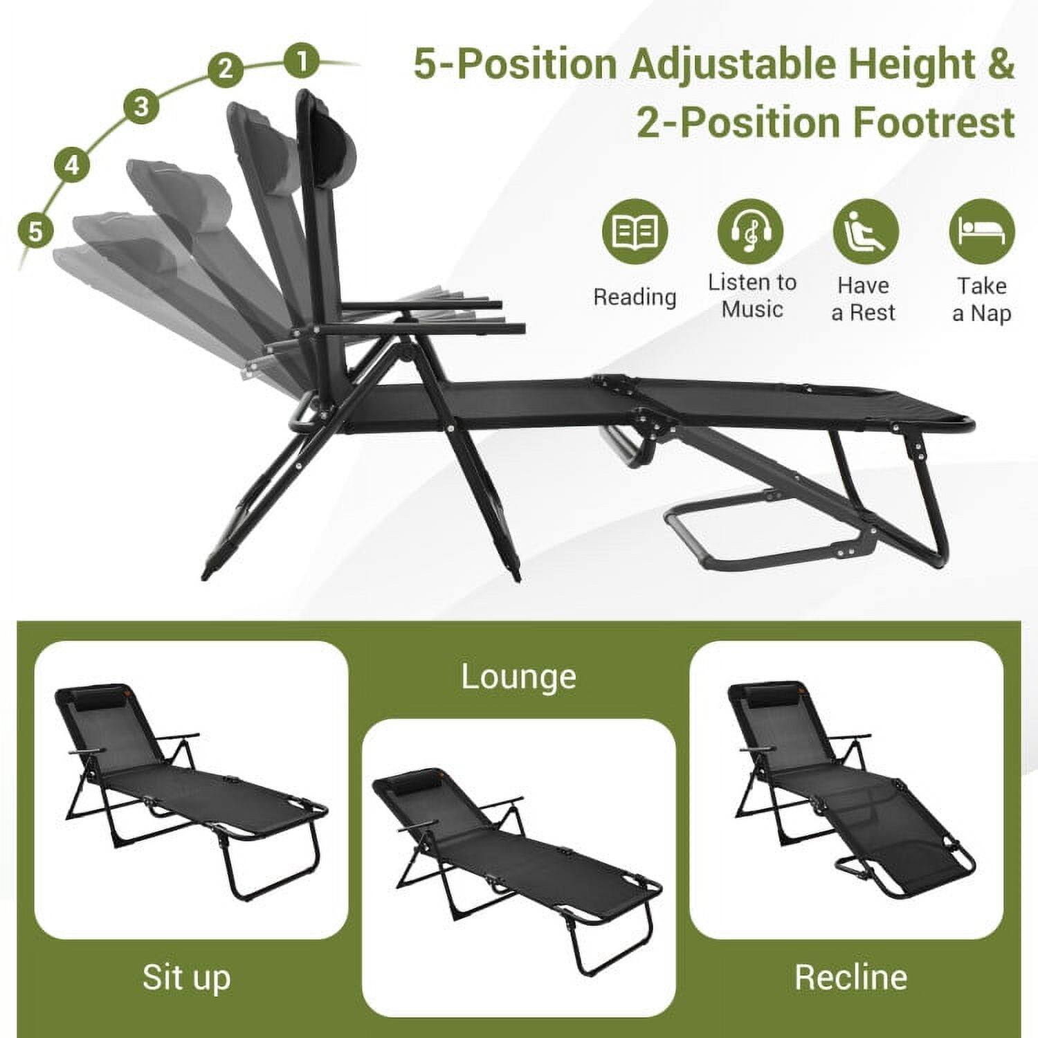 5-Position Adjustable Height & 2-Position Footrest

1. Reading
2. Listen to Music
3. Have a Rest
4. Take a Nap

Lounge
- Sit up
- Recline