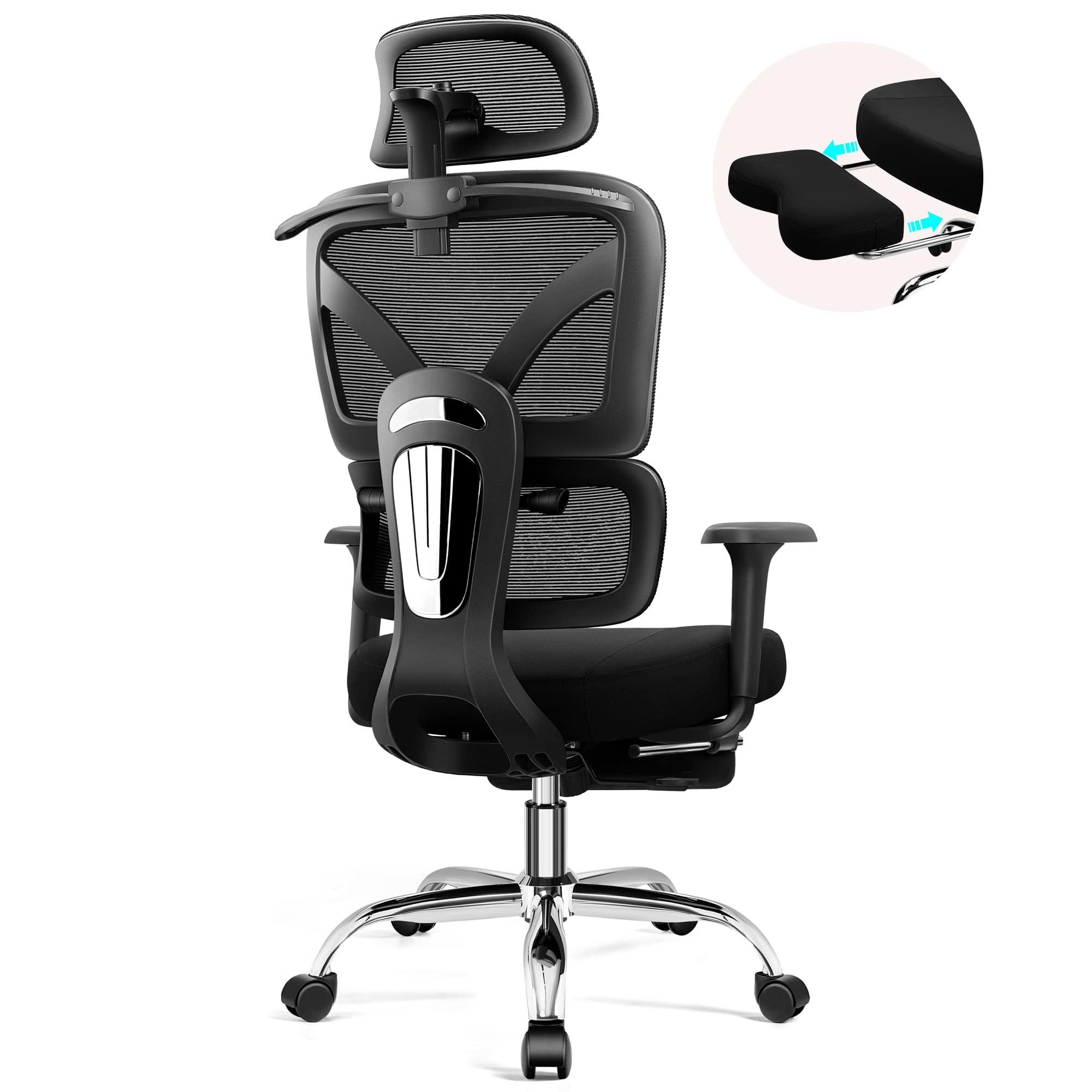 KERDOM - High Back Mesh Home Office Chair with Adjustable Footrest, 3D Headrest and Armrest, Computer Desk Chair for Work Gaming - Black with Footrest