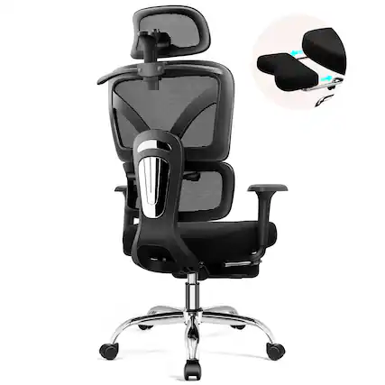 Front. KERDOM - High Back Mesh Home Office Chair with Adjustable Footrest, 3D Headrest and Armrest, Computer Desk Chair for Work Gaming - Black with Footrest.