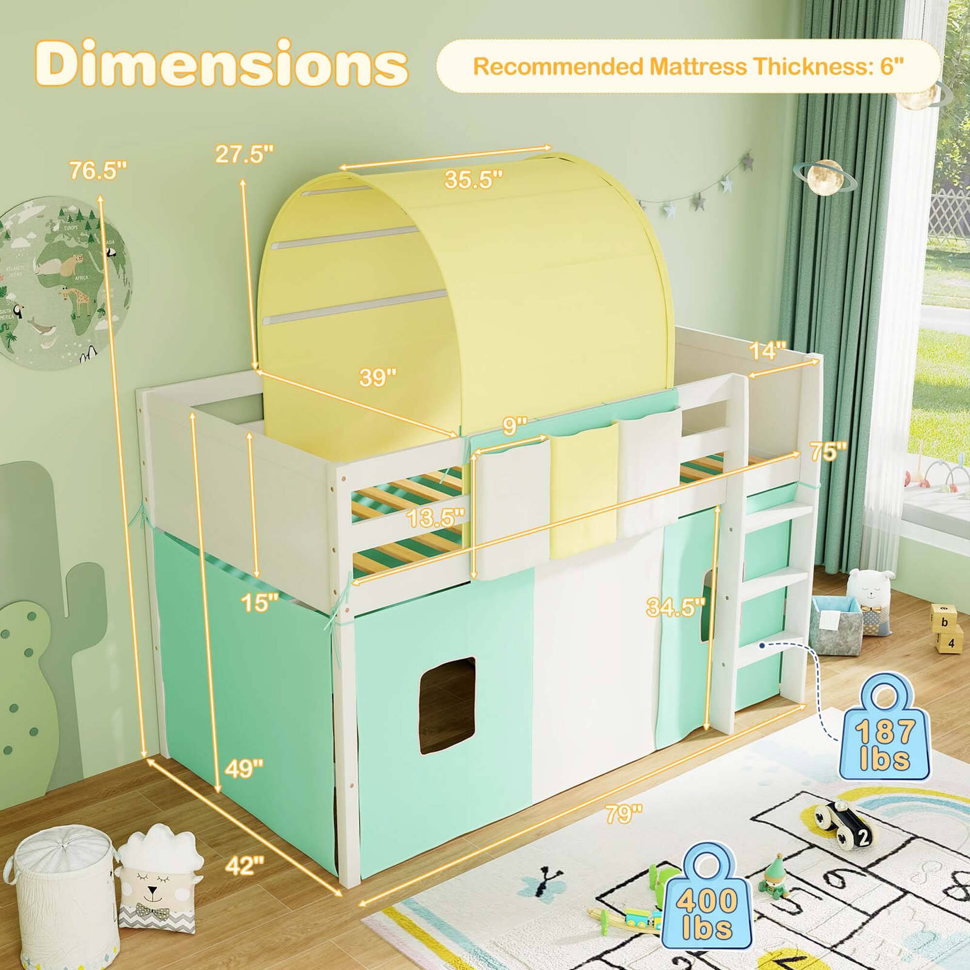 Alt View 2. Costway - Costway Twin Loft Bed with Tower & Tent 3 Storage Pockets Safety Guardrail and Ladder - Turquoise,White.