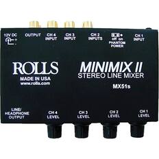12V DC + OUTPUT
CH 4 INPUT
CH 3 INPUT
CH 2 INPUTS
CH 1 INPUT
PHANTOM POWER
MINIMIX II STEREO LINE MIXER
MADE IN USA
www.rolls.com
MX51s
LINE/ HEADPHONE OUTPUT
CH 4 LEVEL
CH 3 LEVEL
CH 2 LEVEL
CH 1 LEVEL