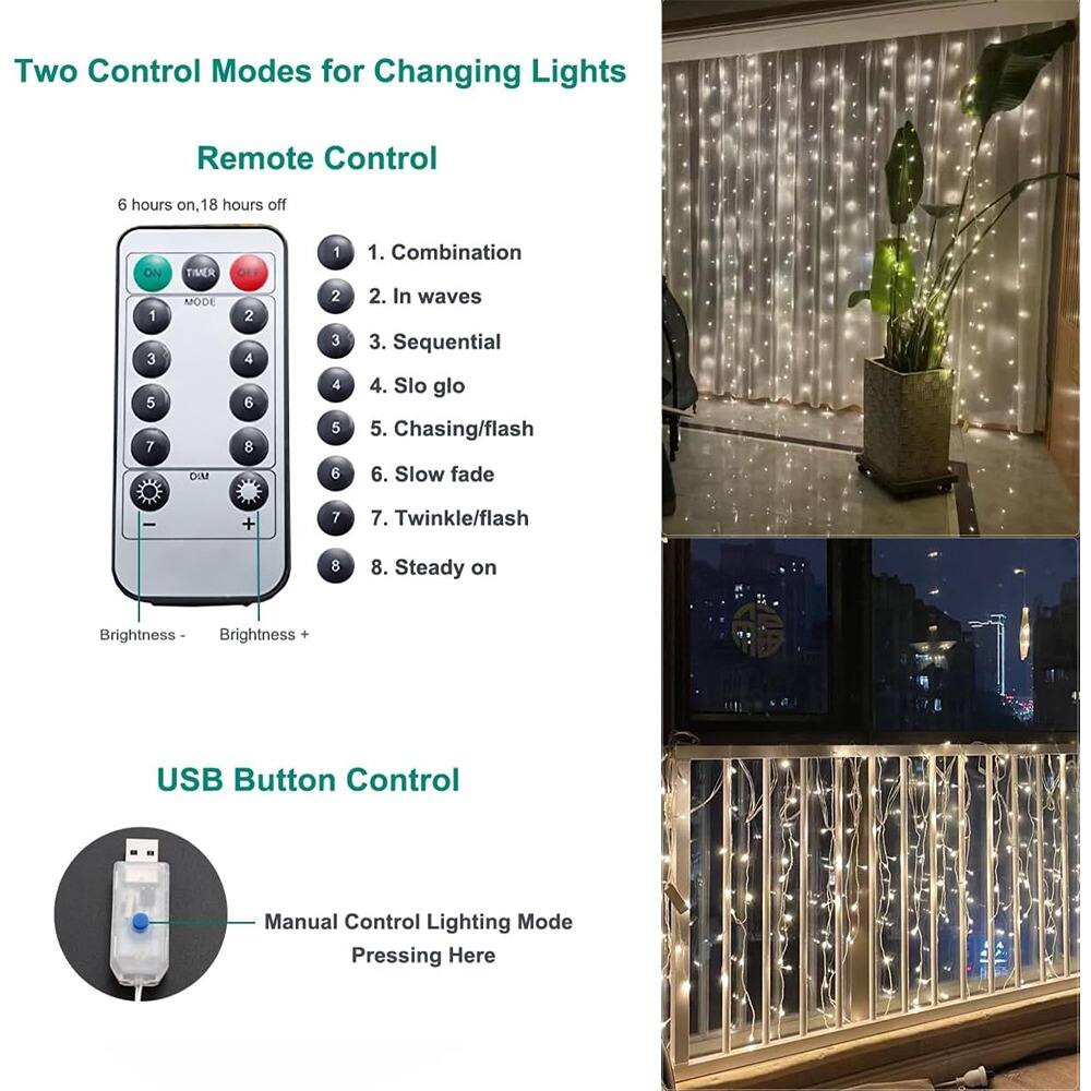 Two Control Modes for Changing Lights

Remote Control

6 hours on, 18 hours off

1. Combination
2. In waves
3. Sequential
4. Slo glo
5. Chasing/flash
6. Slow fade
7. Twinkle/flash
8. Steady on

Brightness -
Brightness +

USB Button Control

Manual Control Lighting Mode
Pressing Here