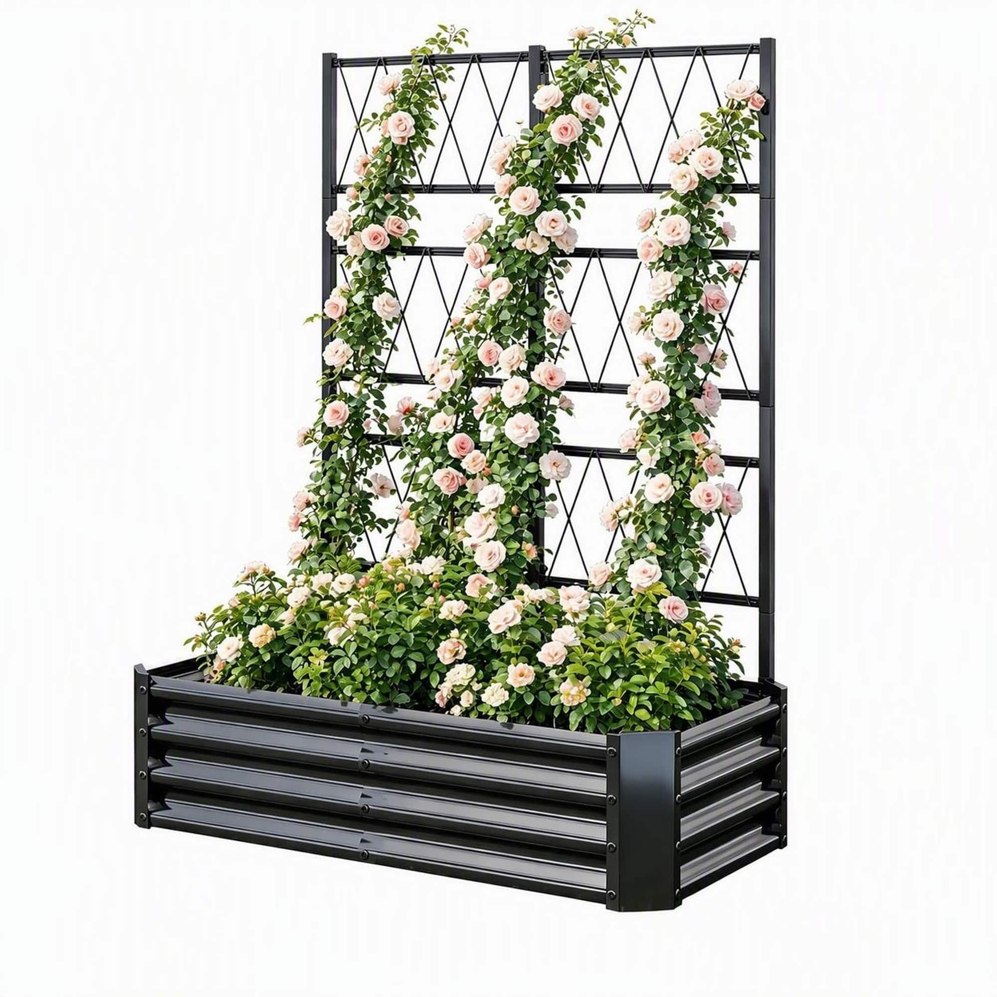 RYHNUYNE - Galvanized Steel Raised Garden Bed 4x2x1 FT with Arch Trellis for Climbing Vegetables, Heavy Duty Metal Planter - Black