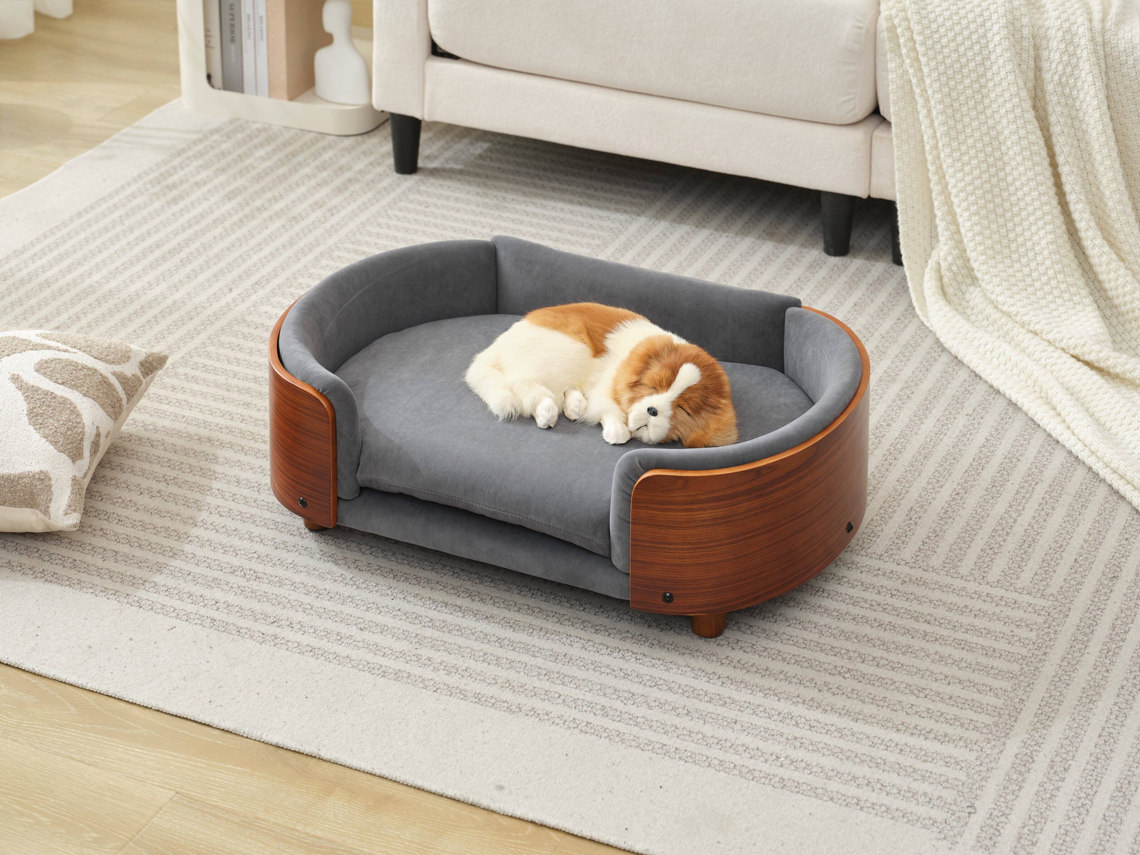 Alt View 6. APRILSOUL - Scandinavian style Elevated Dog Bed Pet Sofa With Solid Wood legs and Walnut Bent Wood Back  Dark Grey Velvet Mid Size - DARK GREY.