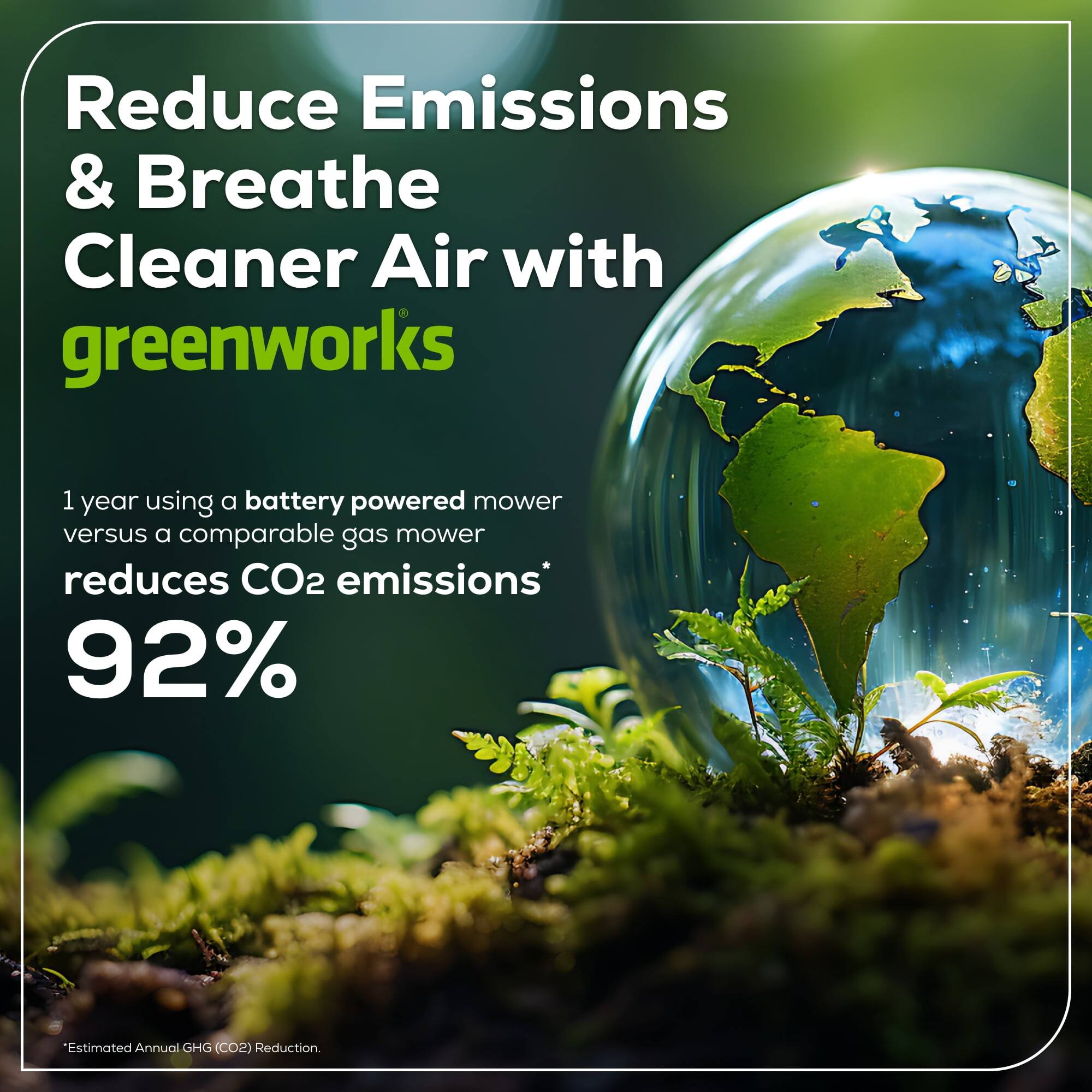 Reduce Emissions & Breathe Cleaner Air with greenworks

1 year using a battery powered mower versus a comparable gas mower reduces CO2 emissions* 92%

*Estimated Annual GHG (CO2) Reduction.