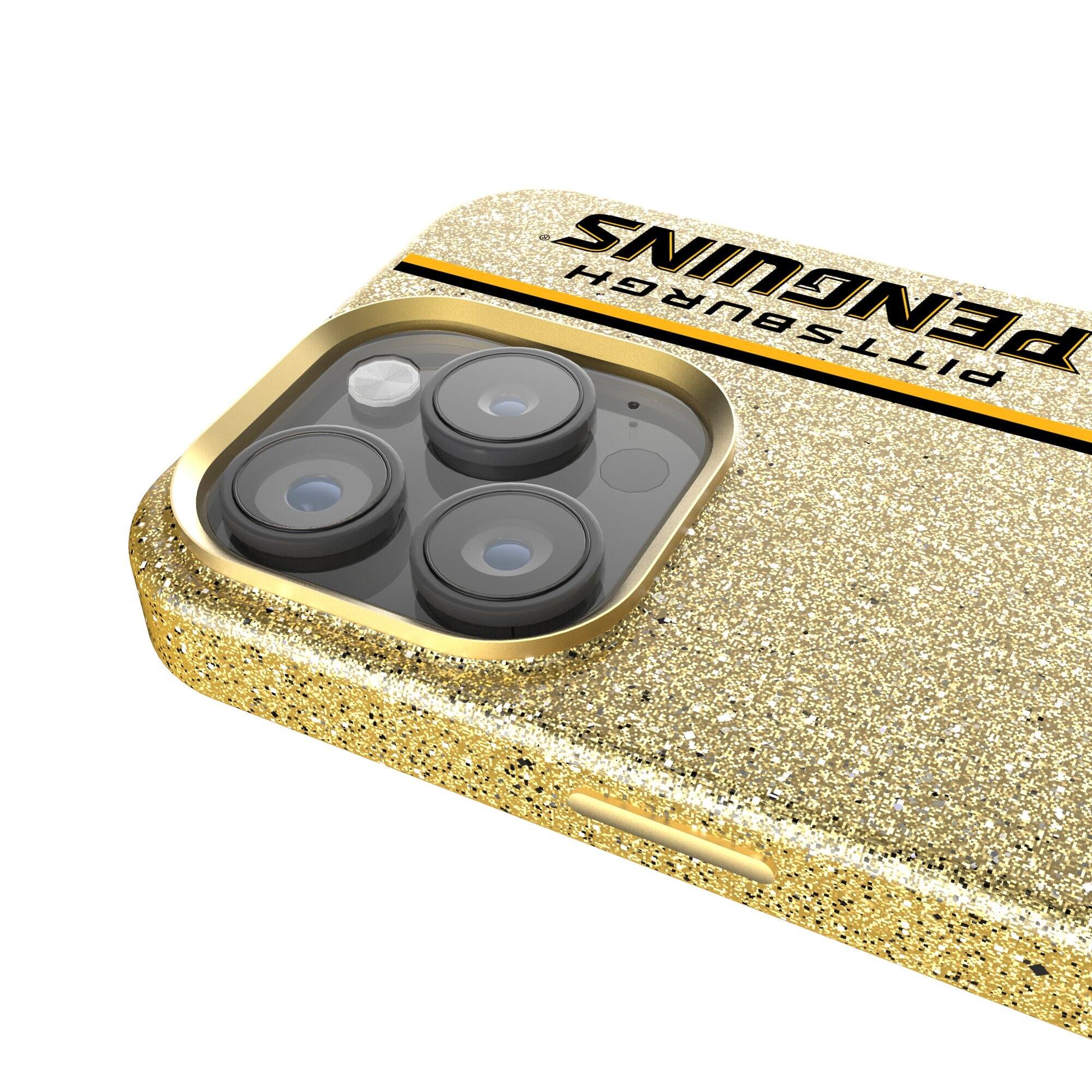 Alt View 2. Keyscaper - Gold Pittsburgh Penguins Sidebar Bling iPhone Case - 16 Pro - Gold.