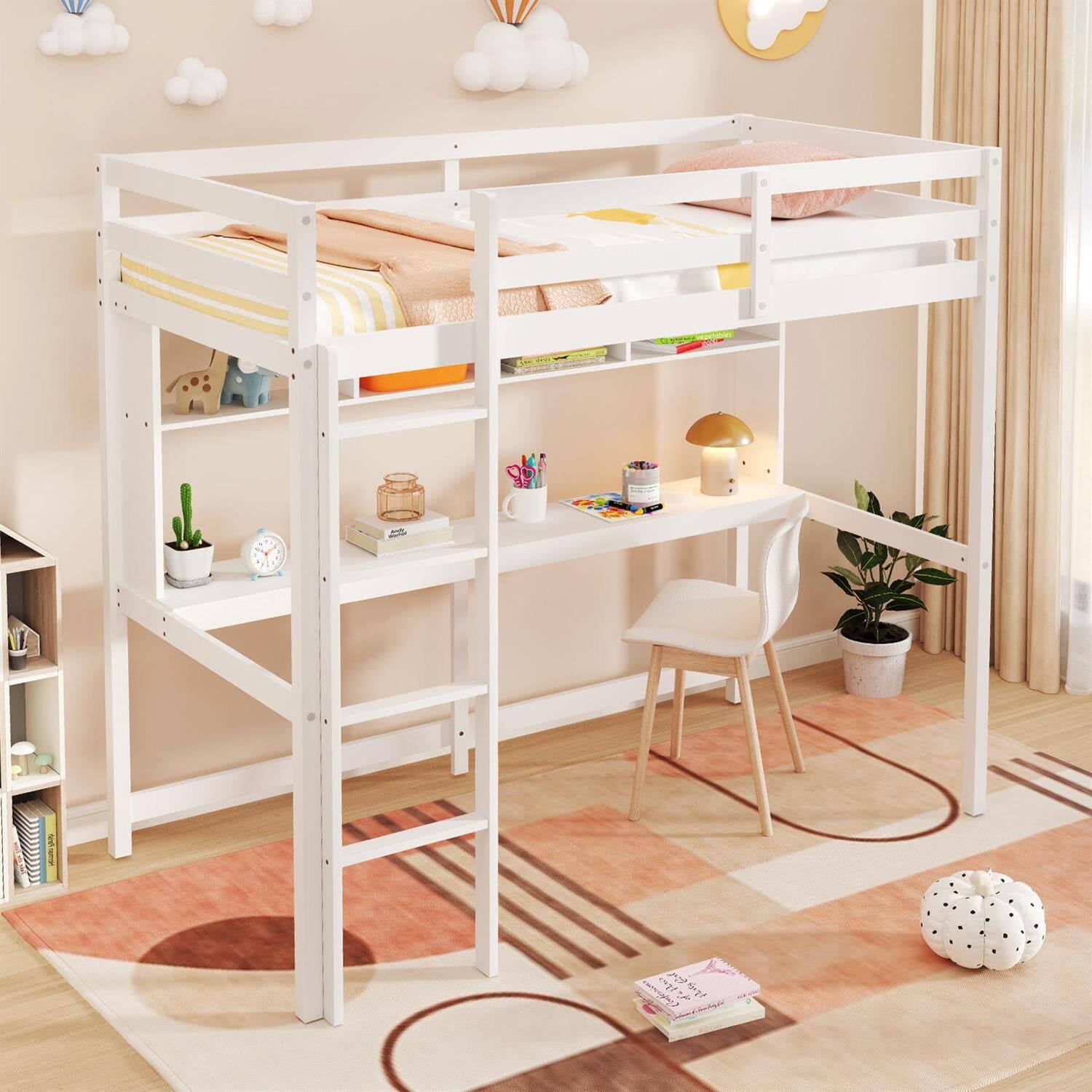 Alt View 1. Pefilos - Twin Size Loft Bed, Desk & Floating Shelves, 14 Plywood Slats, Anti-Toppling Kits, 38" Under-Bed Clearance - White.
