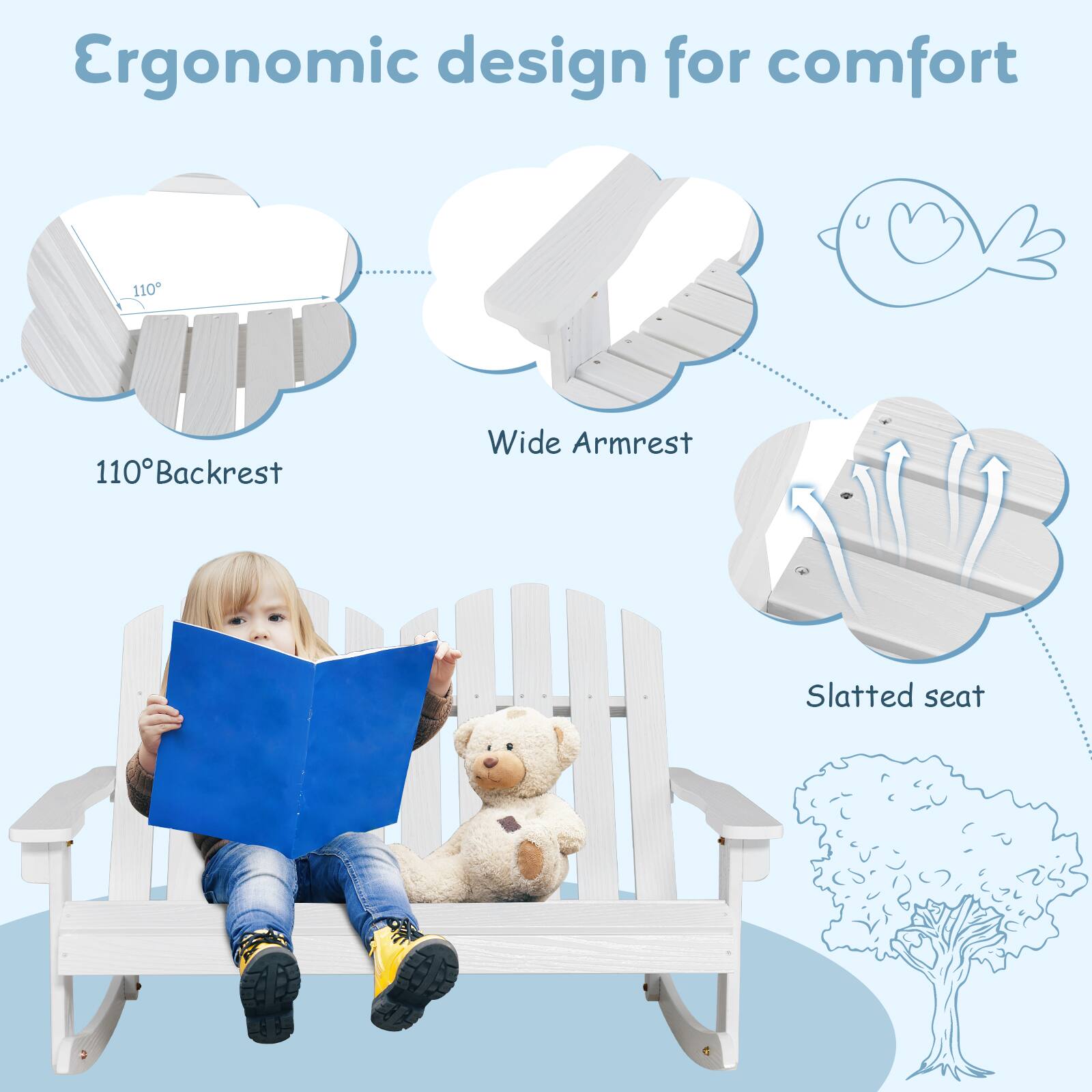 Ergonomic design for comfort

- 110° Backrest
- Wide Armrest
- Slatted seat