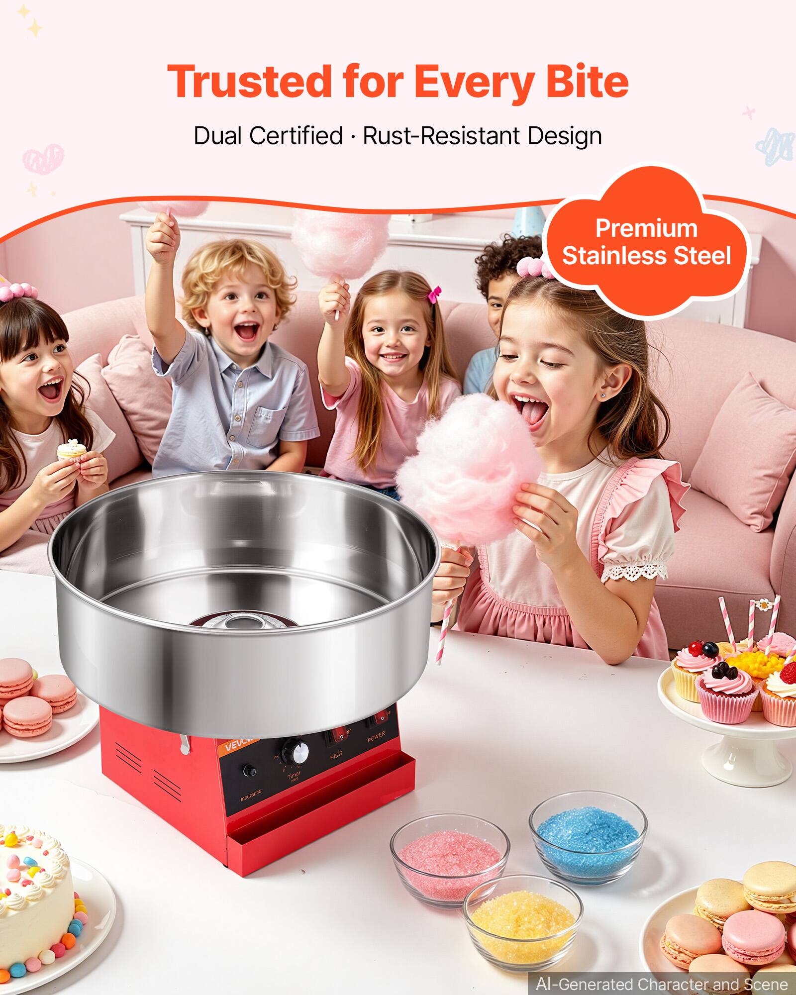 Trusted for Every Bite  
Dual Certified • Rust-Resistant Design  
Premium Stainless Steel  
VEVOR  
NEXT  
POWER  
BURGER  
AI-Generated Character and Scene