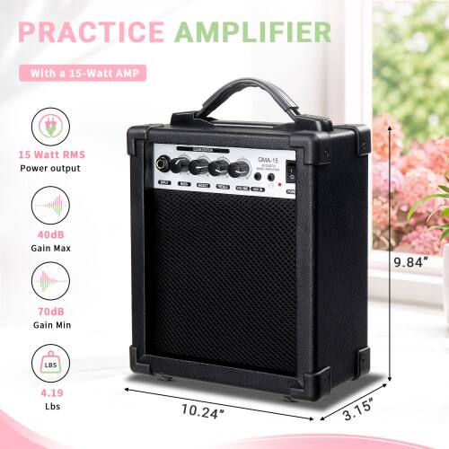 PRACTICE AMPLIFIER  
With a 15-Watt AMP  
15 Watt RMS Power output  
GMA-15 BARA  

40dB Gain Max  
70dB Gain Min  
4.19 Lbs  

9.84"  
10.24"  
3.15"