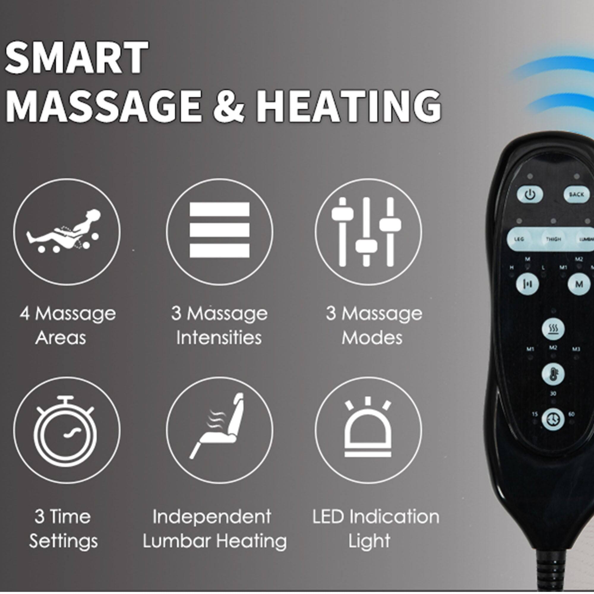 SMART MASSAGE & HEATING

- 4 Massage Areas
- 3 Massage Intensities
- 3 Massage Modes
- 3 Time Settings
- Independent Lumbar Heating
- LED Indication Light