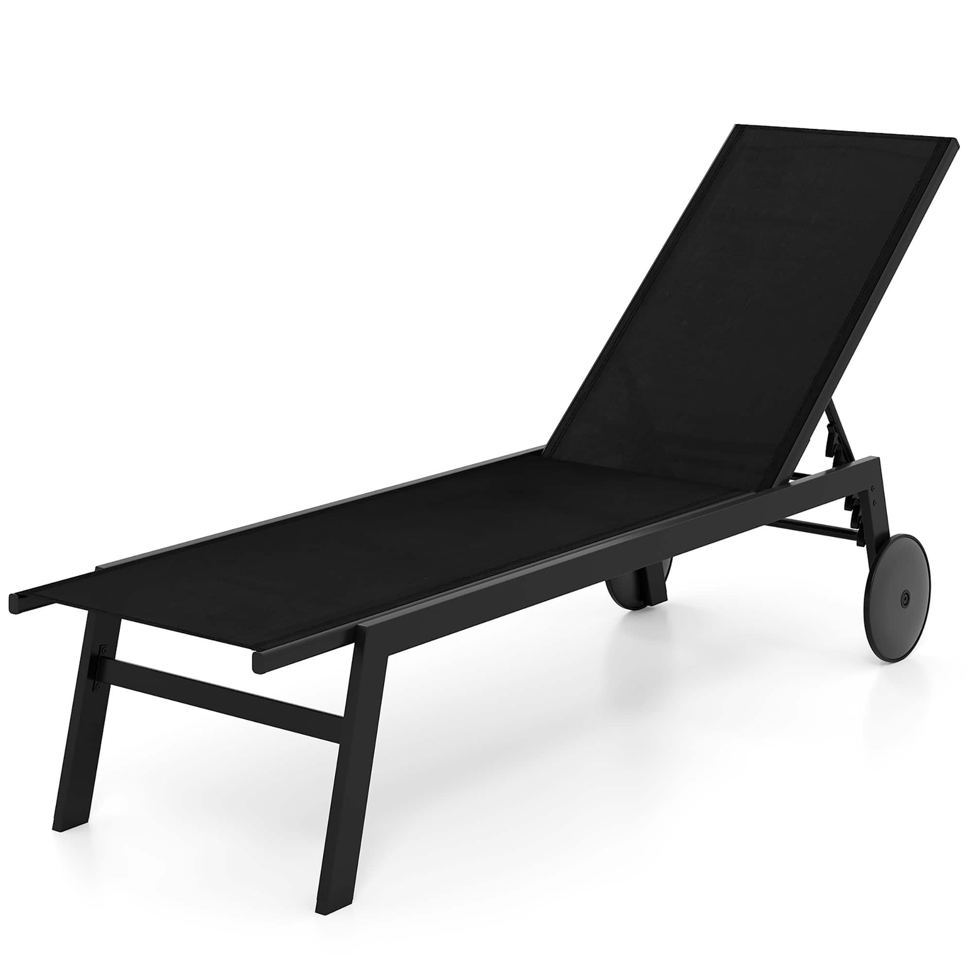 Gymax - Patio Chaise Lounge w/Wheels Adjustable 6-Position Backrest Breathable Seat Outdoor - Black