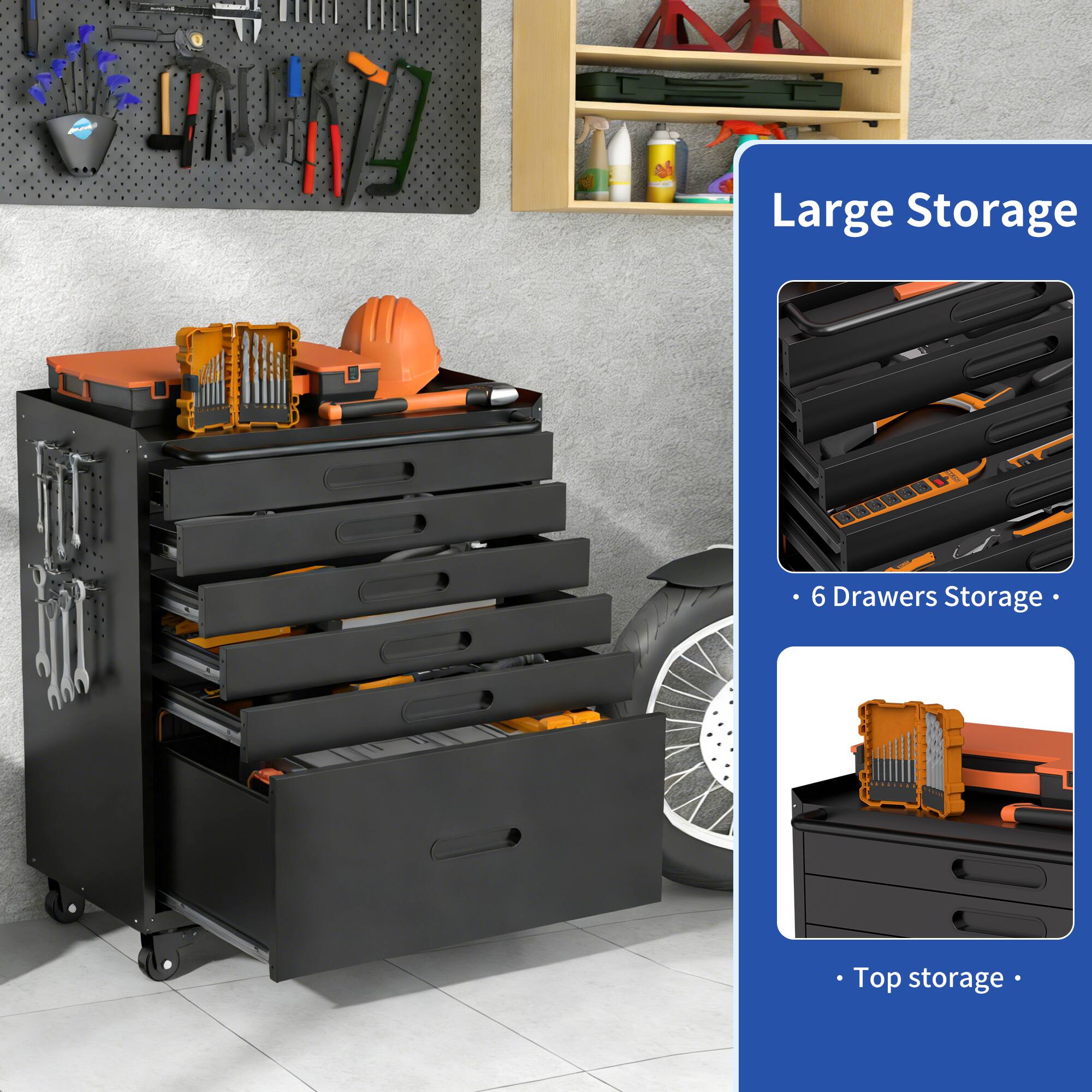Large Storage  
- 6 Drawers Storage  
- Top storage