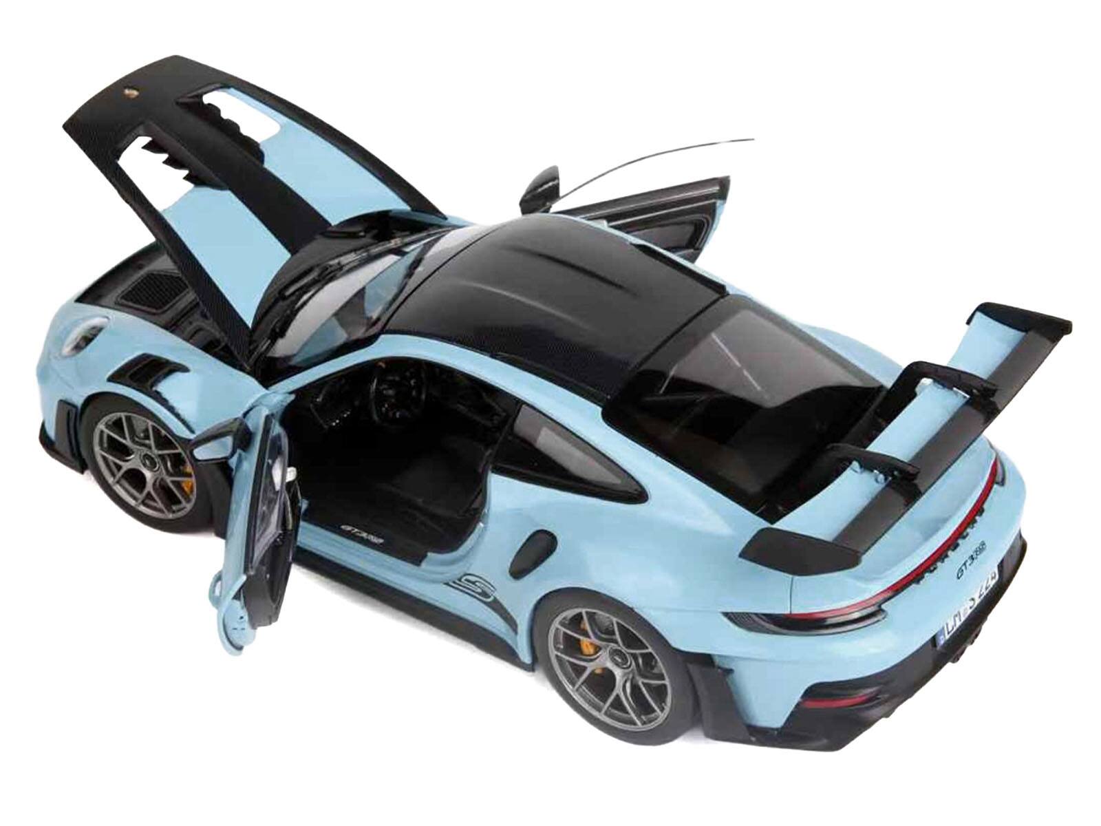 Back. Norev - 2022 Porsche 911 GT3 RS Weissach Pack Gulf Blue with Carbon Top and Hood Stripes 1/18 Diecast Model Car by Norev - Blue.
