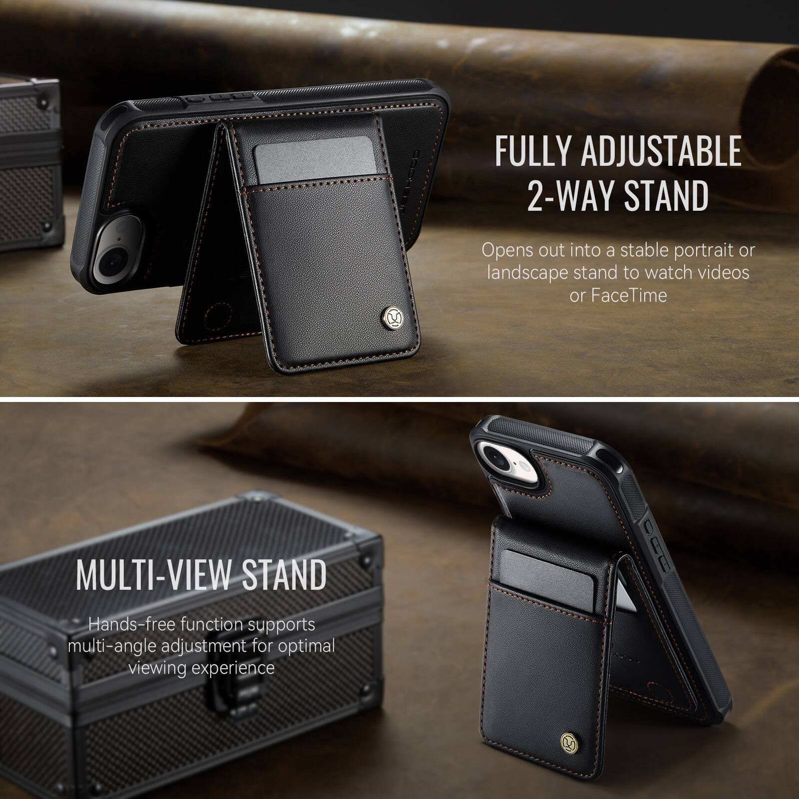 FULLY ADJUSTABLE 2-WAY STAND  
Opens out into a stable portrait or landscape stand to watch videos or FaceTime

MULTI-VIEW STAND  
Hands-free function supports multi-angle adjustment for optimal viewing experience