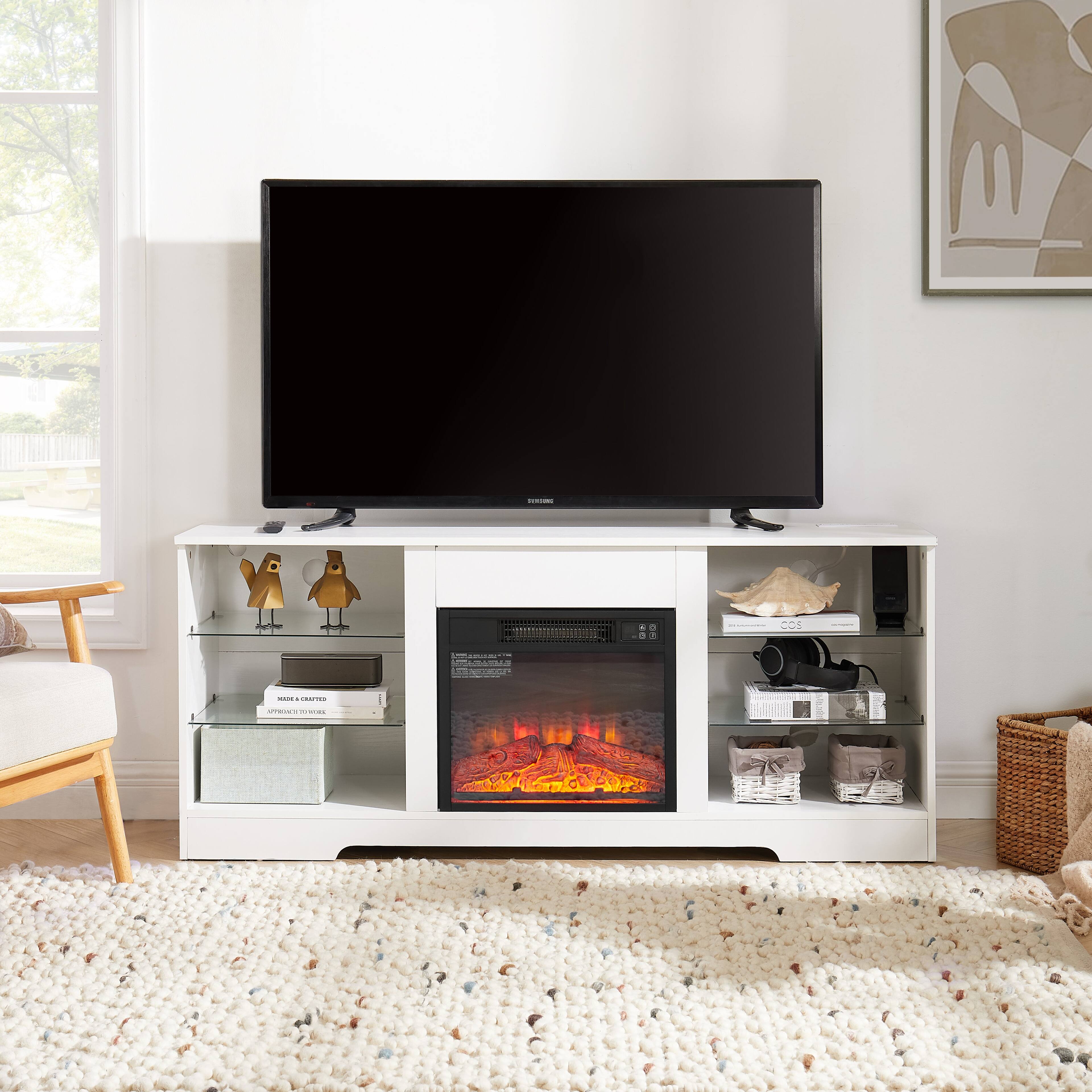 Alt View 2. Boyel Living - 58In Wood TV Stand with Electric Fireplace Glass Shelves LED Lights USB Charging Fits 62In TV - White.