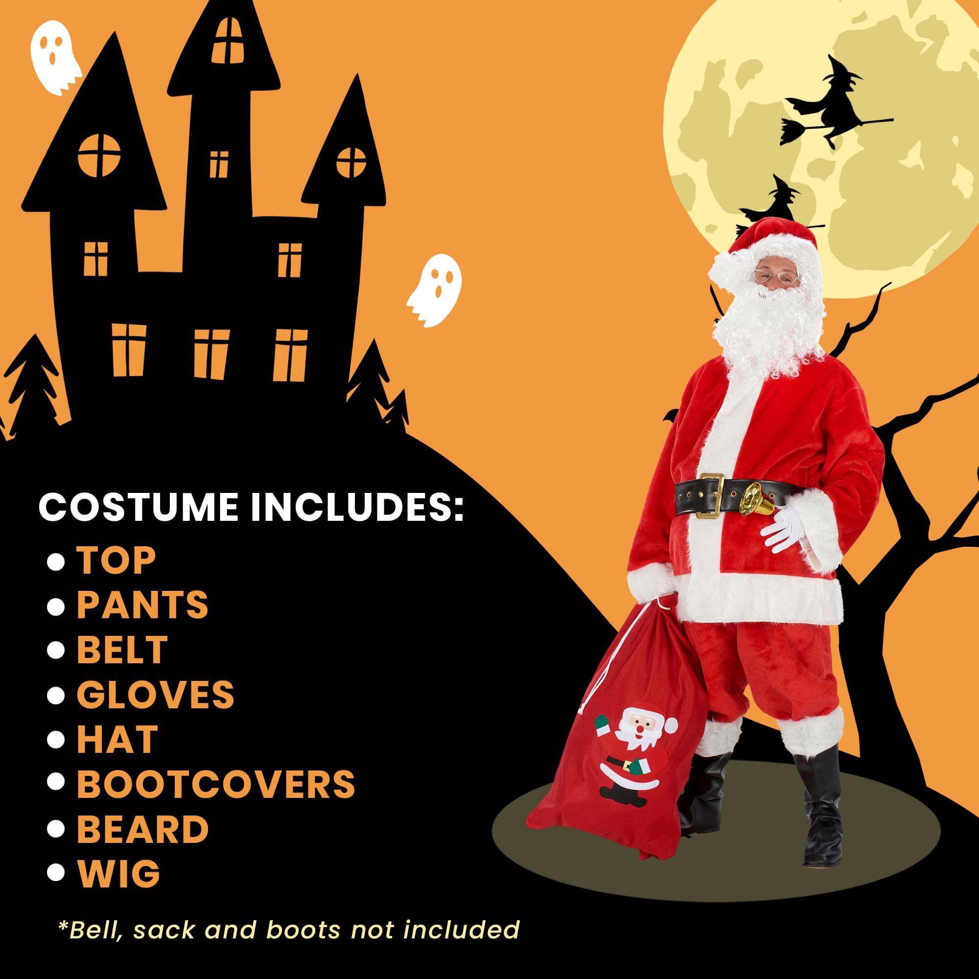 COSTUME INCLUDES:  
- TOP  
- PANTS  
- BELT  
- GLOVES  
- HAT  
- BOOTCOVERS  
- BEARD  
- WIG  

*Bell, sack and boots not included