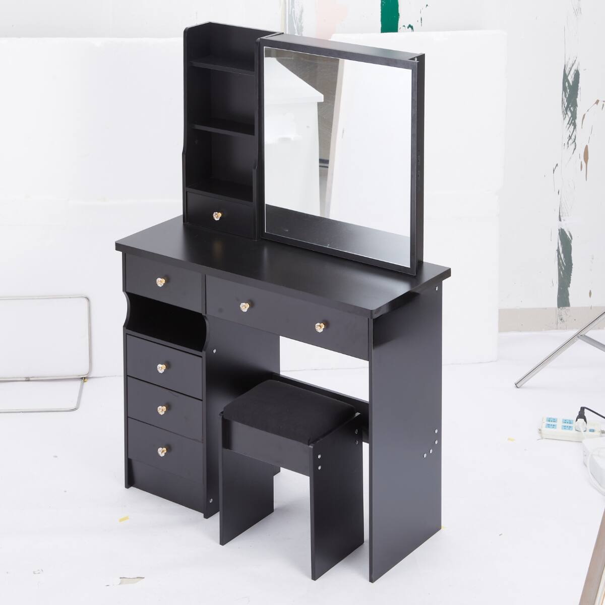 Alt View 4. Loheer - Loheer 37 inch makeup vanity table, black with sliding mirror and cushioned stool - Black.