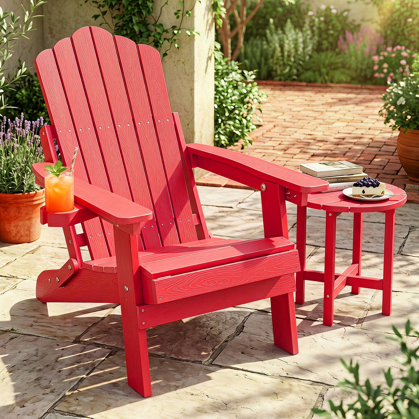 Alt View 1. Gymax - Gymax Folding Adirondack Chair w/5-Level Backrest Wooden Textured for Lawn Poolside Red - Red.