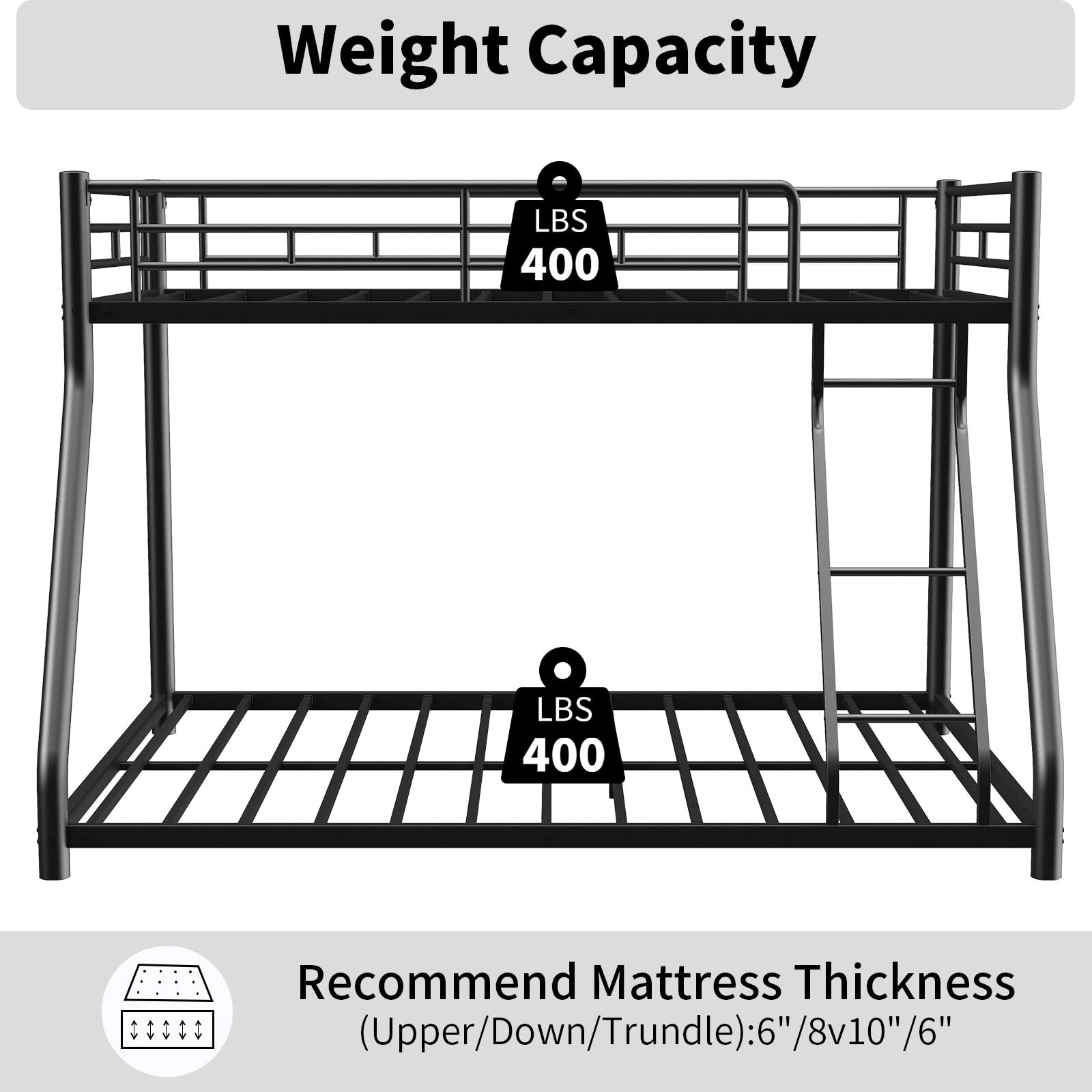 Weight Capacity  
LBS 400  
LBS 400  

Recommend Mattress Thickness  
(Upper/Down/Trundle): 6"/8v10"/6"