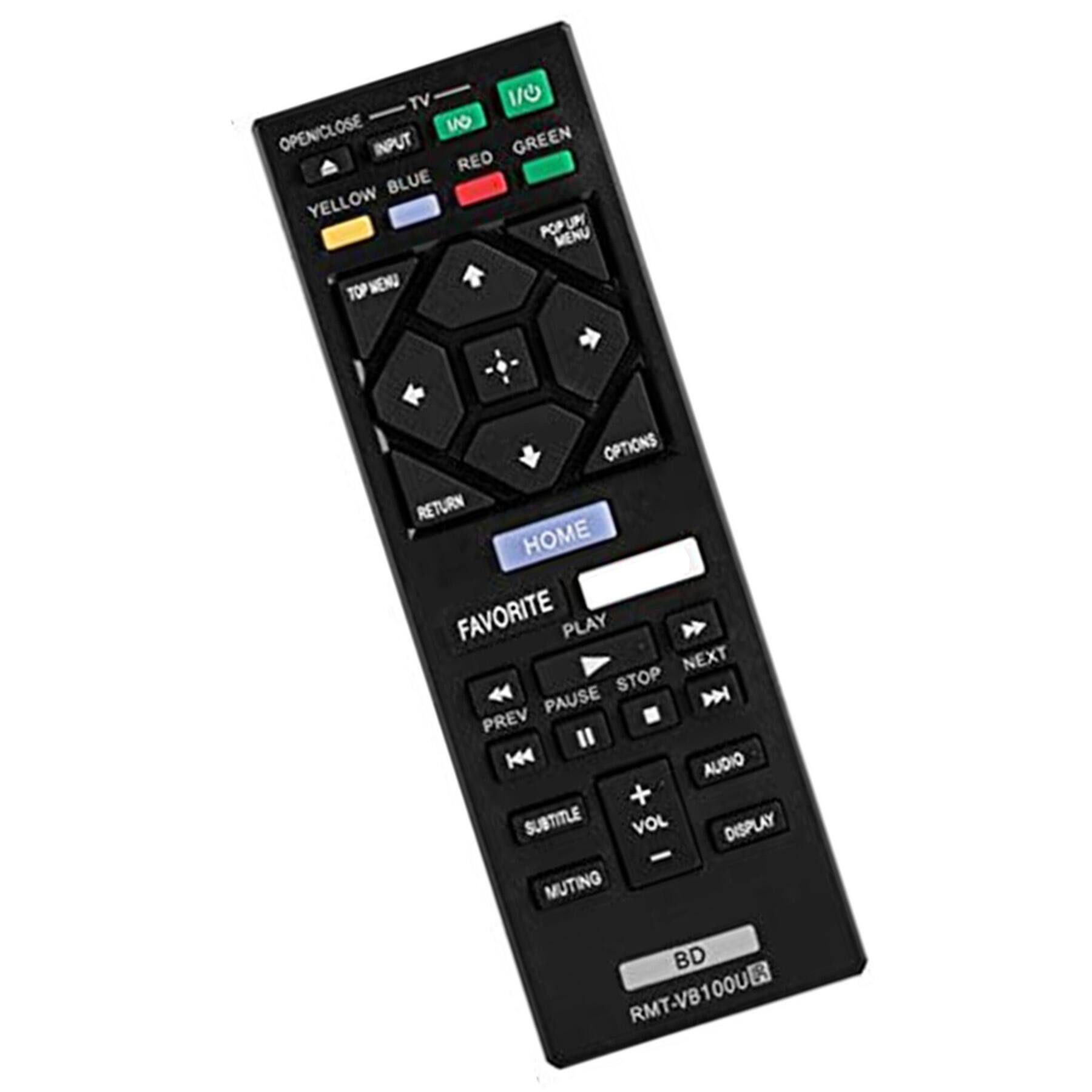TV 1/0 OPENICLOSE 1O INPUT RED GREEN YELLOW BLUE POP POPUP MENU TOPMENU TOP OPTIONS RETURN HOME FAVORITE PLAY NEXT STOP PAUSE PREV I K4 AUDIO + SUBTITLE VOL DISPLAY - MUTING BD 58 RMT-VB100U