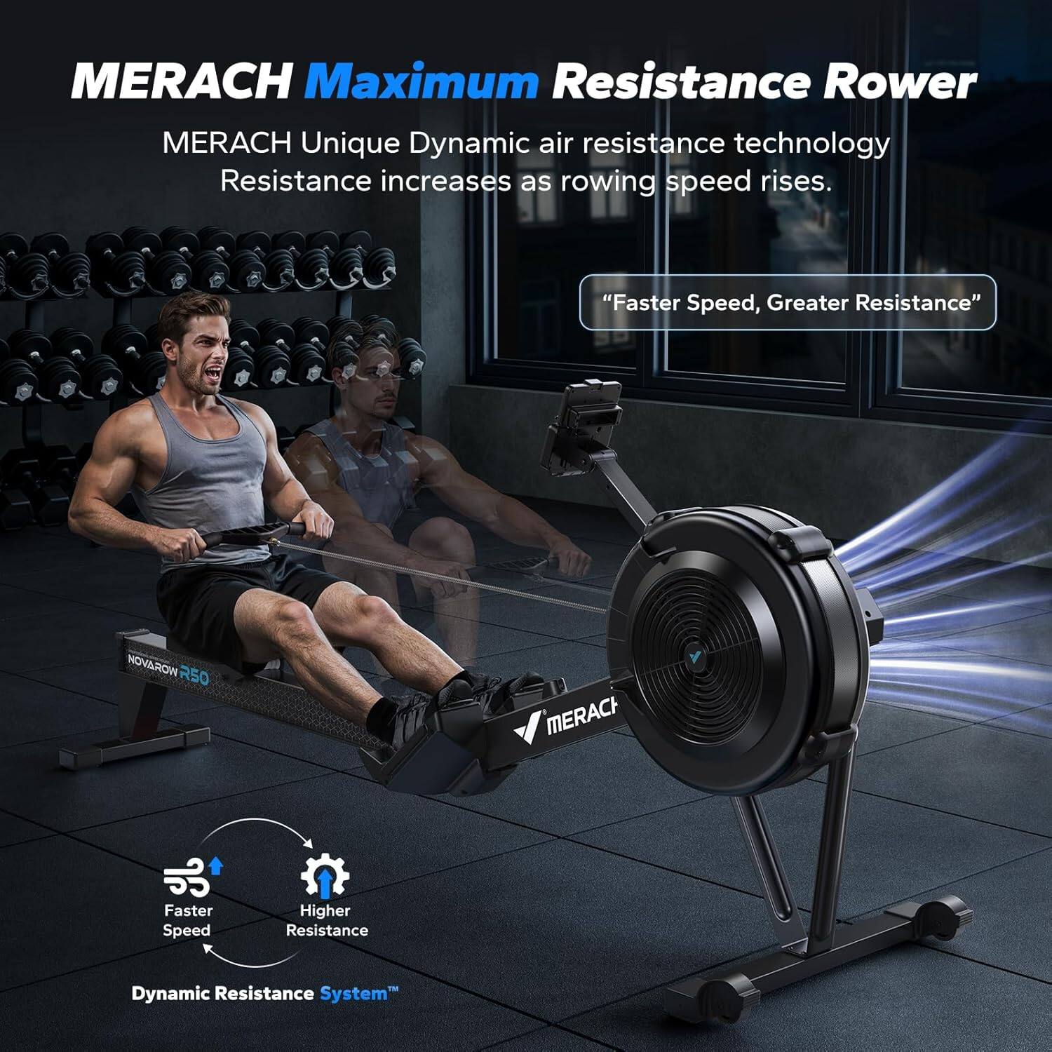 MERACH Maximum Resistance Rower

MERACH Unique Dynamic air resistance technology  
Resistance increases as rowing speed rises.

"Faster Speed, Greater Resistance"

NOVAROW R50

Dynamic Resistance System™

Faster Speed  
Higher Resistance