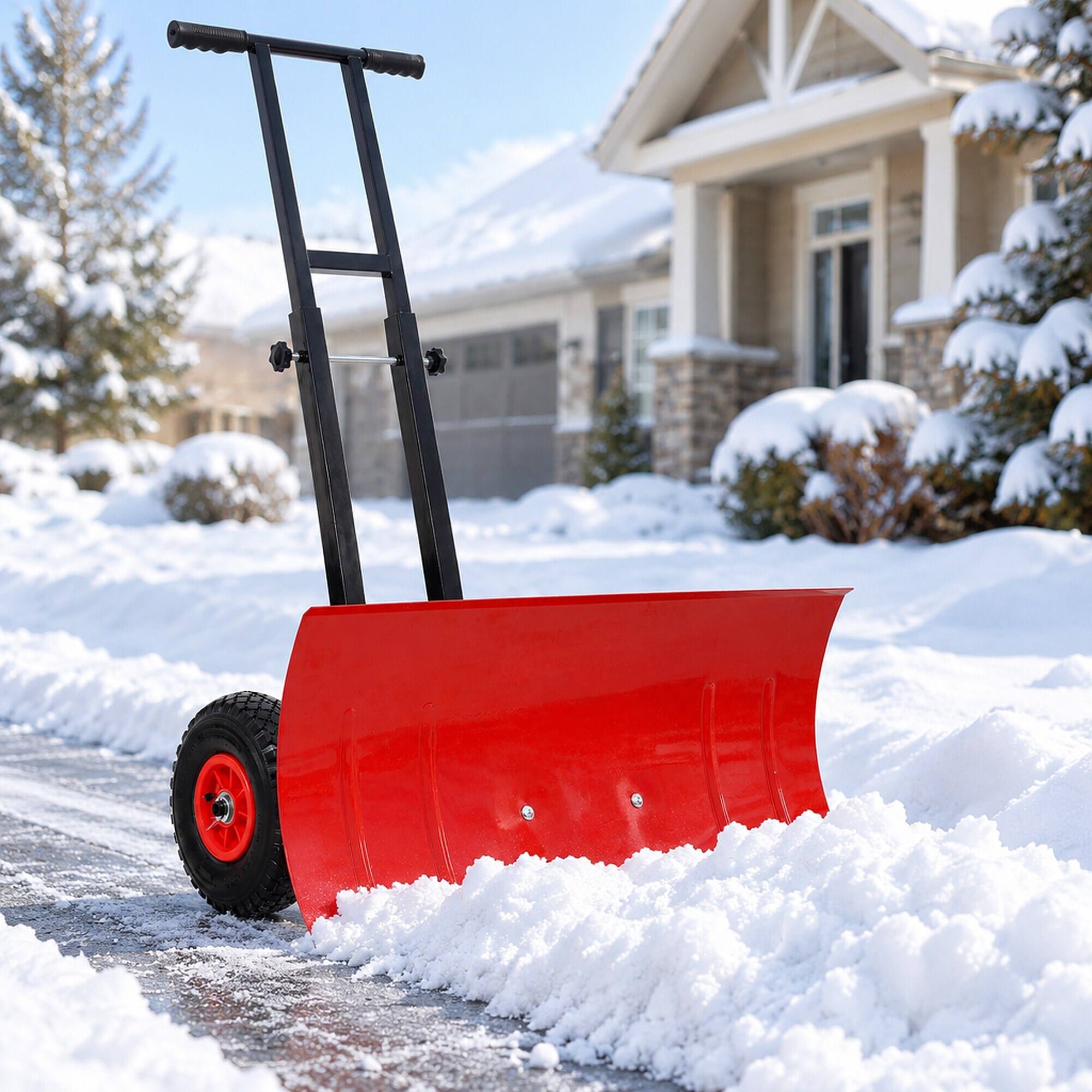 Back. RYHNUYNE - Dual Bar Snow Shovel with Wheels, 29 in Blade, 10 in Rubber Wheels, Adjustable Handle, Snow Pusher - Black+Red.