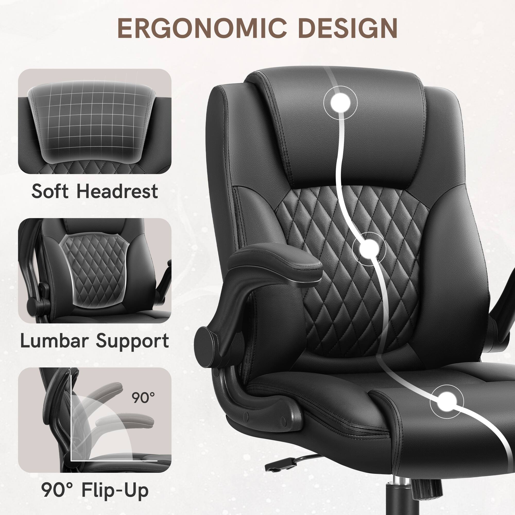 Ergonomic Design: Soft Headrest, Lumbar Support, 90 90 Flip-Up.