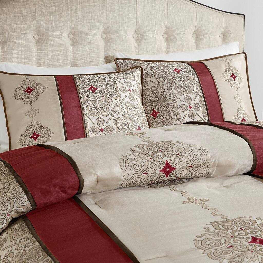 Alt View 1. Gracie Mills - Gracie Mills Kurtis 7-Piece Red Jacquard Comforter Set with Designer Throw Pillows - Red.