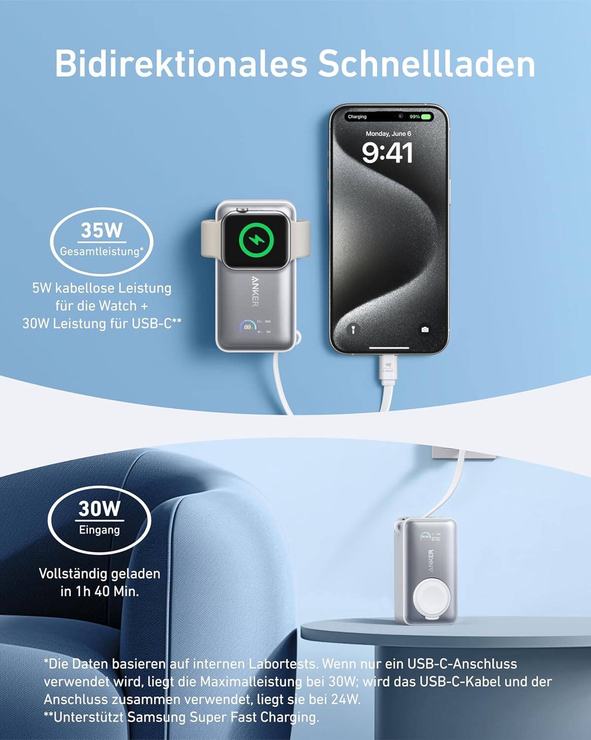 Bidirektionales Schnellladen

35W Gesamtleistung*
5W kabellose Leistung für die Watch + 30W Leistung für USB-C**

30W Eingang
Vollständig geladen in 1h 40 Min.

*Die Daten basieren auf internen Labortests. Wenn nur ein USB-C-Anschluss verwendet wird, liegt die Maximalleistung bei 30W; wird das USB-C-Kabel und der Anschluss zusammen verwendet, liegt sie bei 24W.
**Unterstützt Samsung Super Fast Charging.