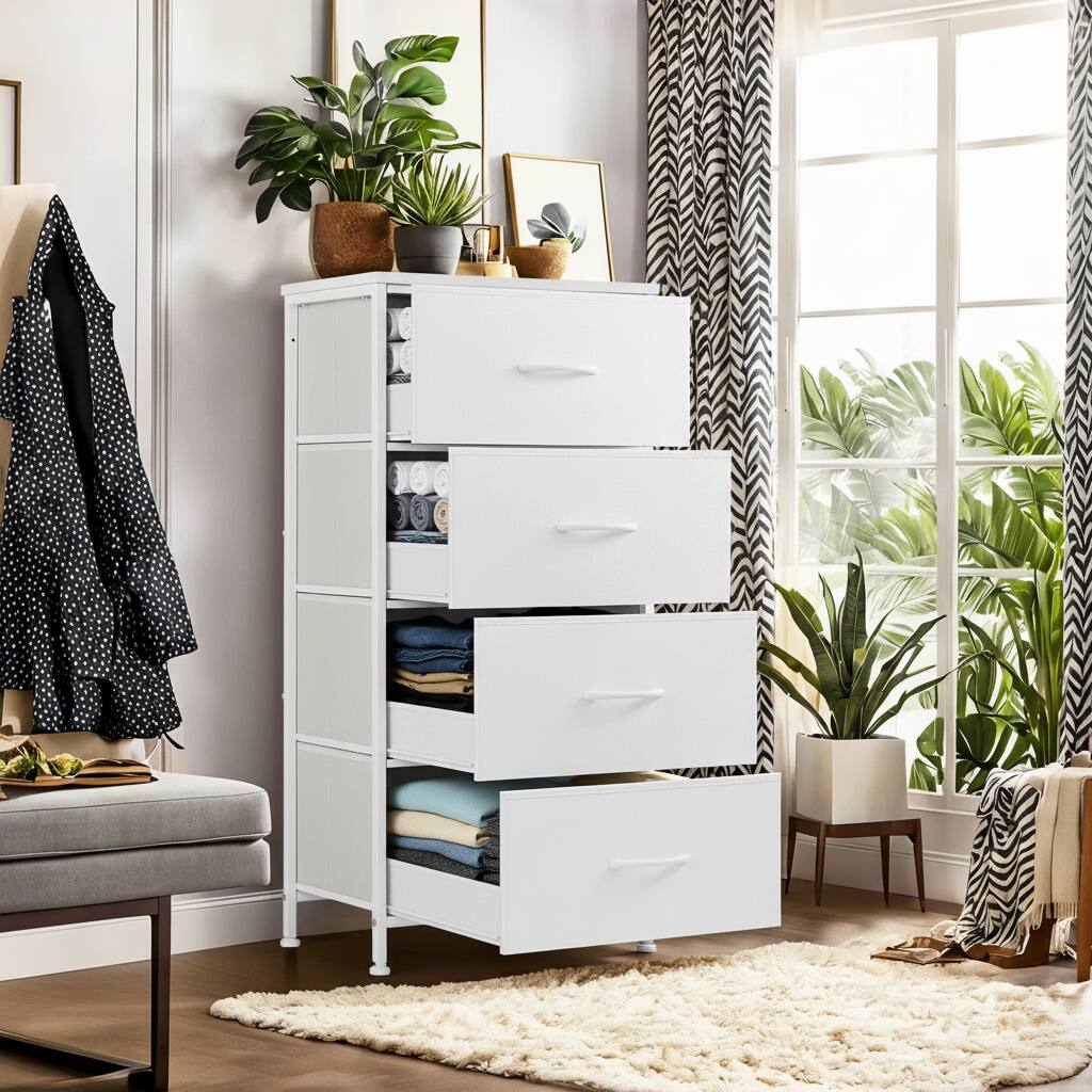 Alt View 6. AOITUN - Modern 4 Drawer Fabric Dresser, Chest of Drawer Organizer Storage Cabinet for Bedroom Clothes Closet, Entryway,White - White.