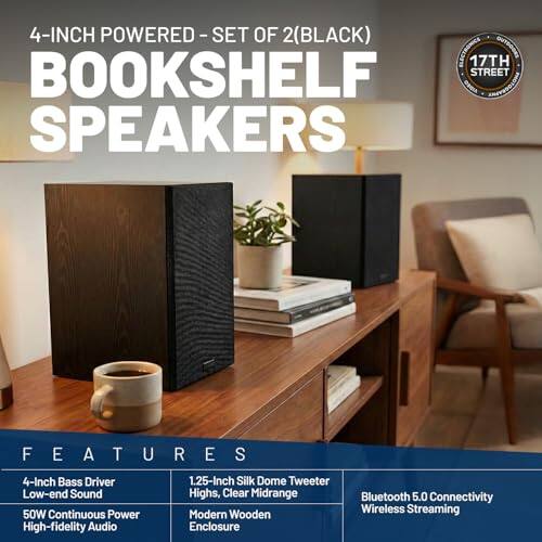 4-INCH POWERED - SET OF 2 (BLACK) BOOKSHELF SPEAKERS

FEATURES
- 4-Inch Bass Driver
- Low-end Sound
- 50W Continuous Power
- High-fidelity Audio
- 1.25-Inch Silk Dome Tweeter
- Highs, Clear Midrange
- Modern Wooden Enclosure
- Bluetooth 5.0 Connectivity
- Wireless Streaming