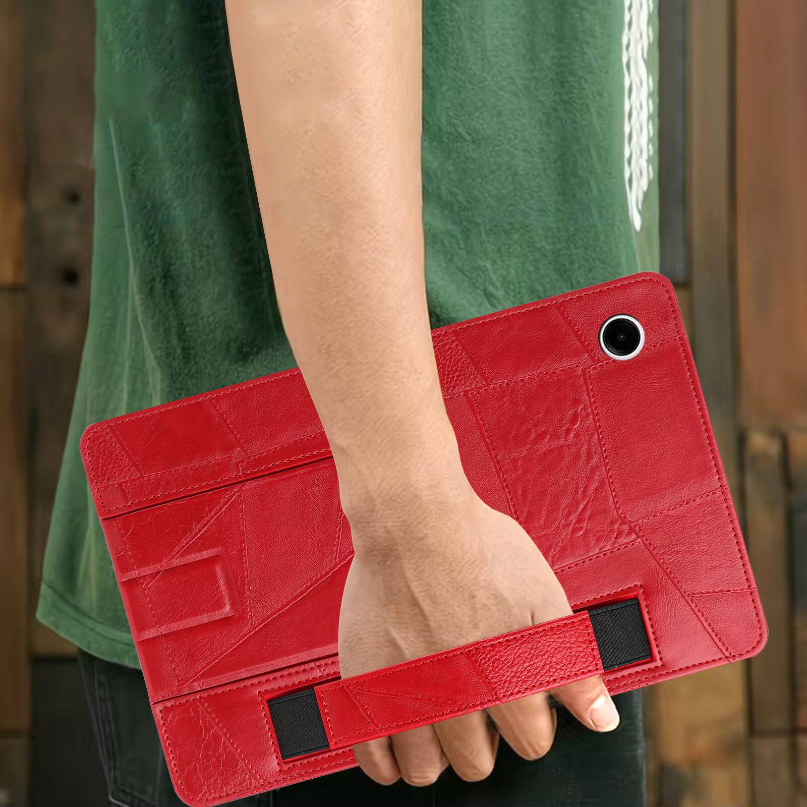 Alt View 3. Dteck - Leather Texture Case for Samsung Galaxy Tab A11+, Shockproof Cover with Multi-Angle Stand and Secure Hand Strap - Red.