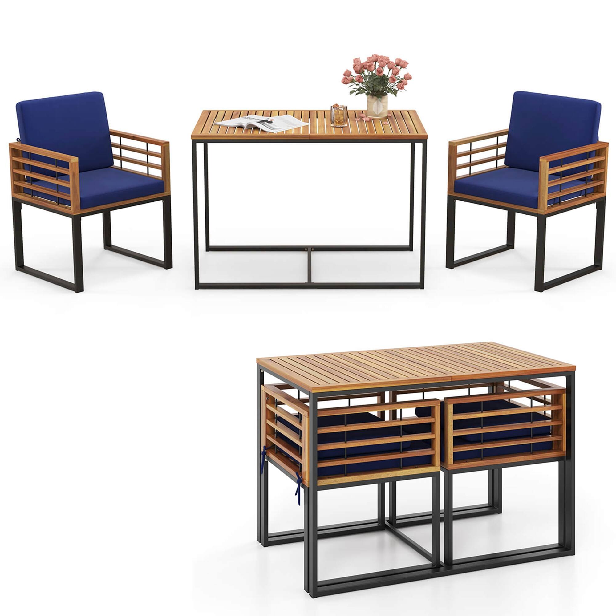 Alt View 9. Costway - 3 PCS Patio Dining Table Set with Bistro Chairs Large Coffee Table Seat Cushions - Navy Blue.