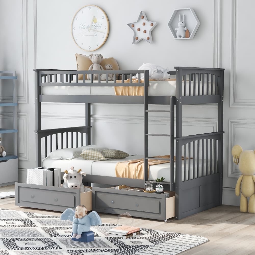 Loheer - Twin Over Twin Bunk Bed with Drawers Convertible Bunk Bed Solid Pine Wood - Gray price history on PriceWatchPro