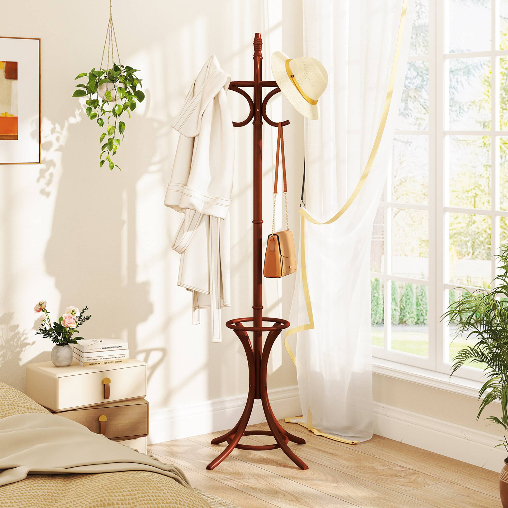 Gymax Coat Rack w/ Umbrella Holder 73'' Freestanding Coat Hanger