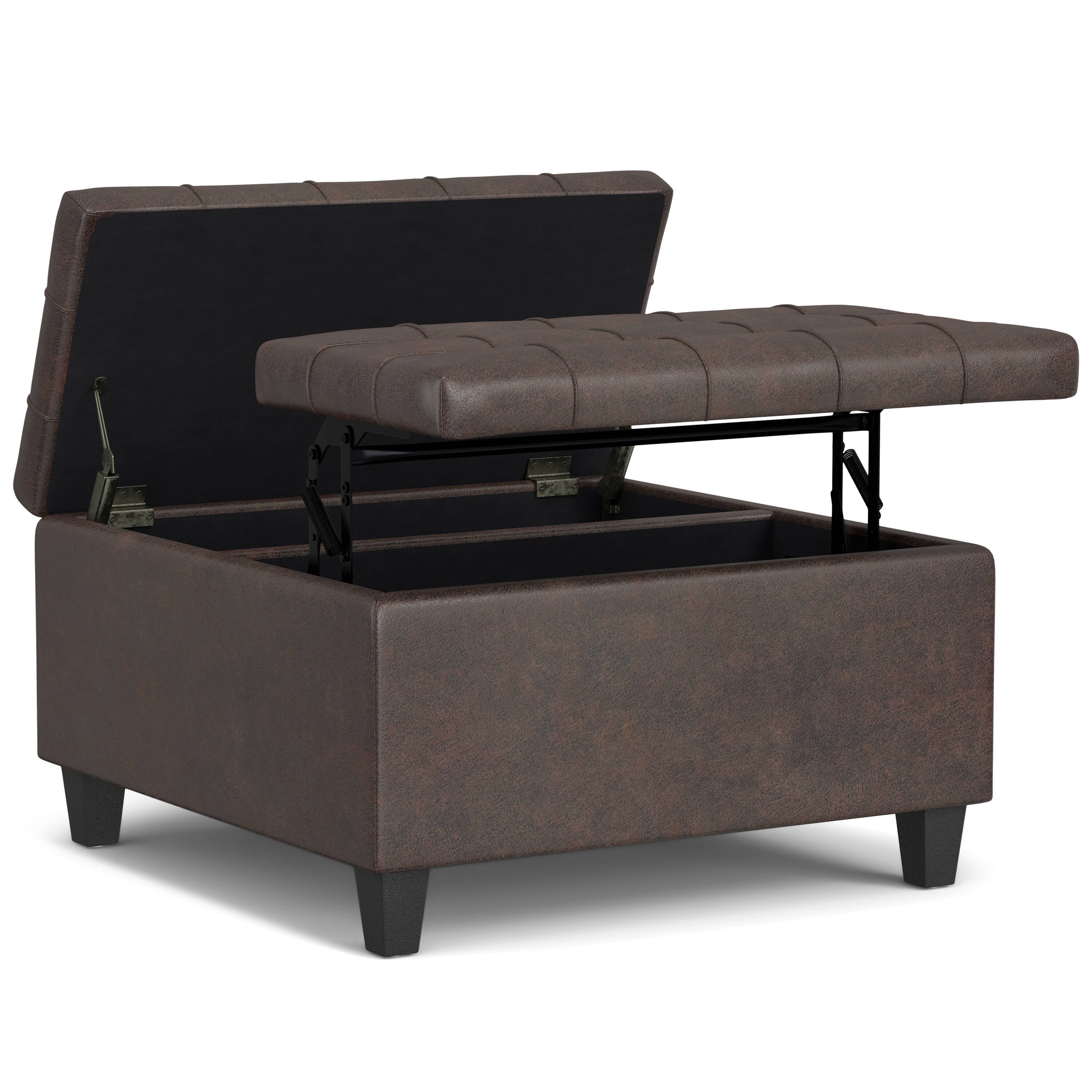 Alt View 11. Simpli Home - Harrison Small Square Coffee Table Storage Ottoman - Distressed Brown.