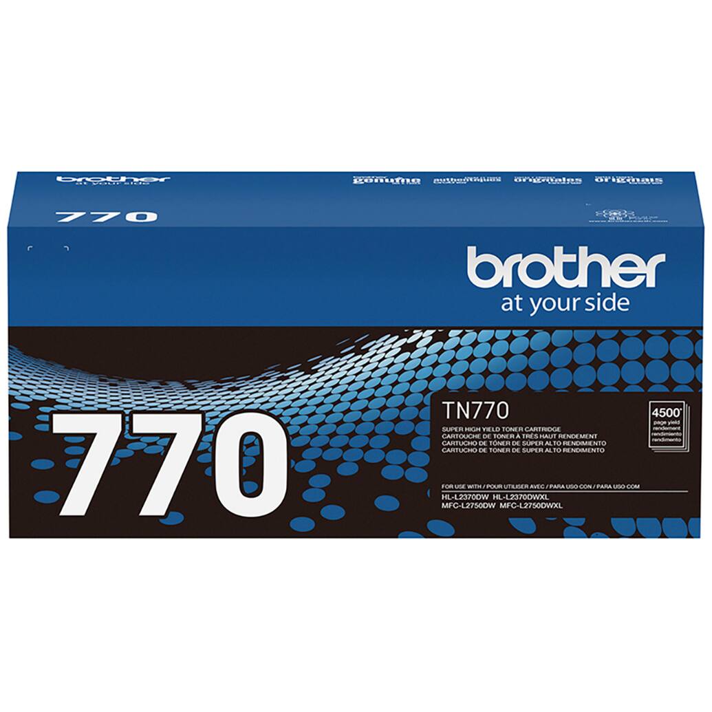 The text on the image reads "brother at your side 770 TN770 4500 po Vns SUPER HIGH YIELD TONER CARTRIOGE - CARTOLCHE TRES - DE SONER A HAU RENDEMENT nendimanto CARTUCHO DE TONER DE SUPER AL TO RENDIMIENTO FOR USE WITH POUR LRER AMEC PARA USO CON ARA UGO COA HL-L23700W HL-L2370DWXIL MFC-L2750DW MFC-L27500WXL." This text is in Spanish and is describing a Brother printer cartridge.