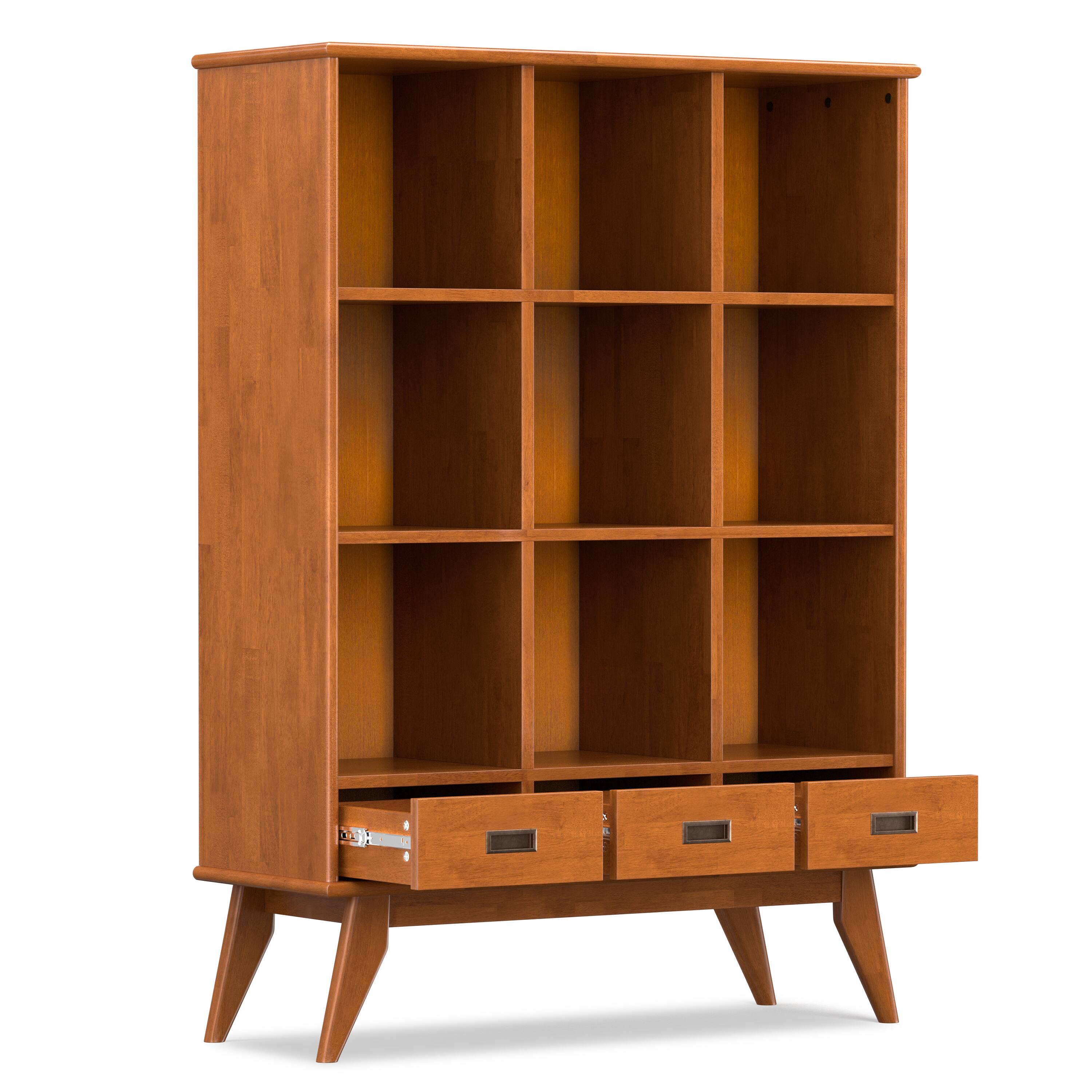 Back. Simpli Home - Draper 42 inch Wide Solid Hardwood Mid-Century Storage Bookcase in Teak Brown - Teak Brown.