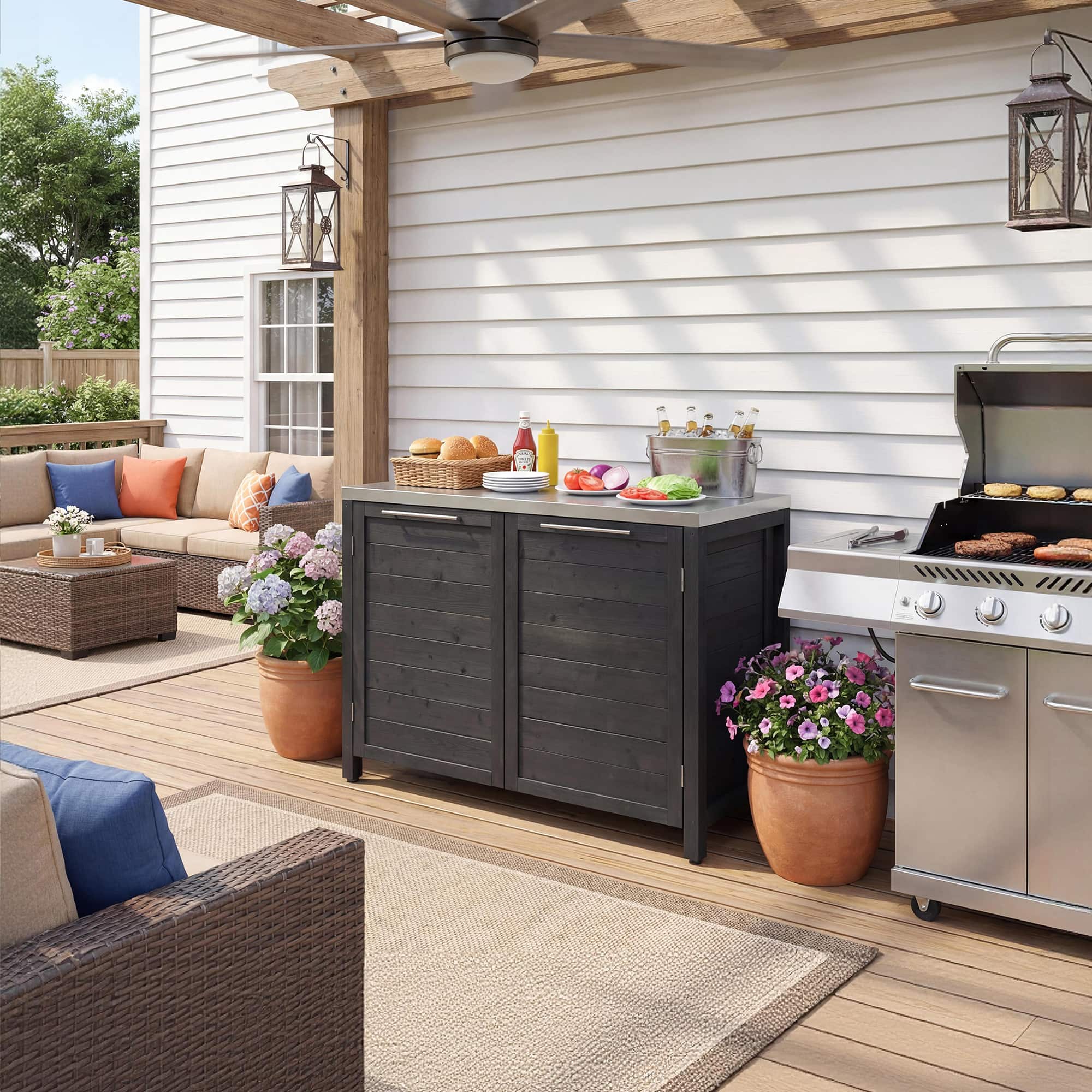 Famapy - Modular Solid Cedar Outdoor Kitchen Cabinets - All-Weather Storage with Stainless Steel Top for Patio, Grill Station - Carbon Black